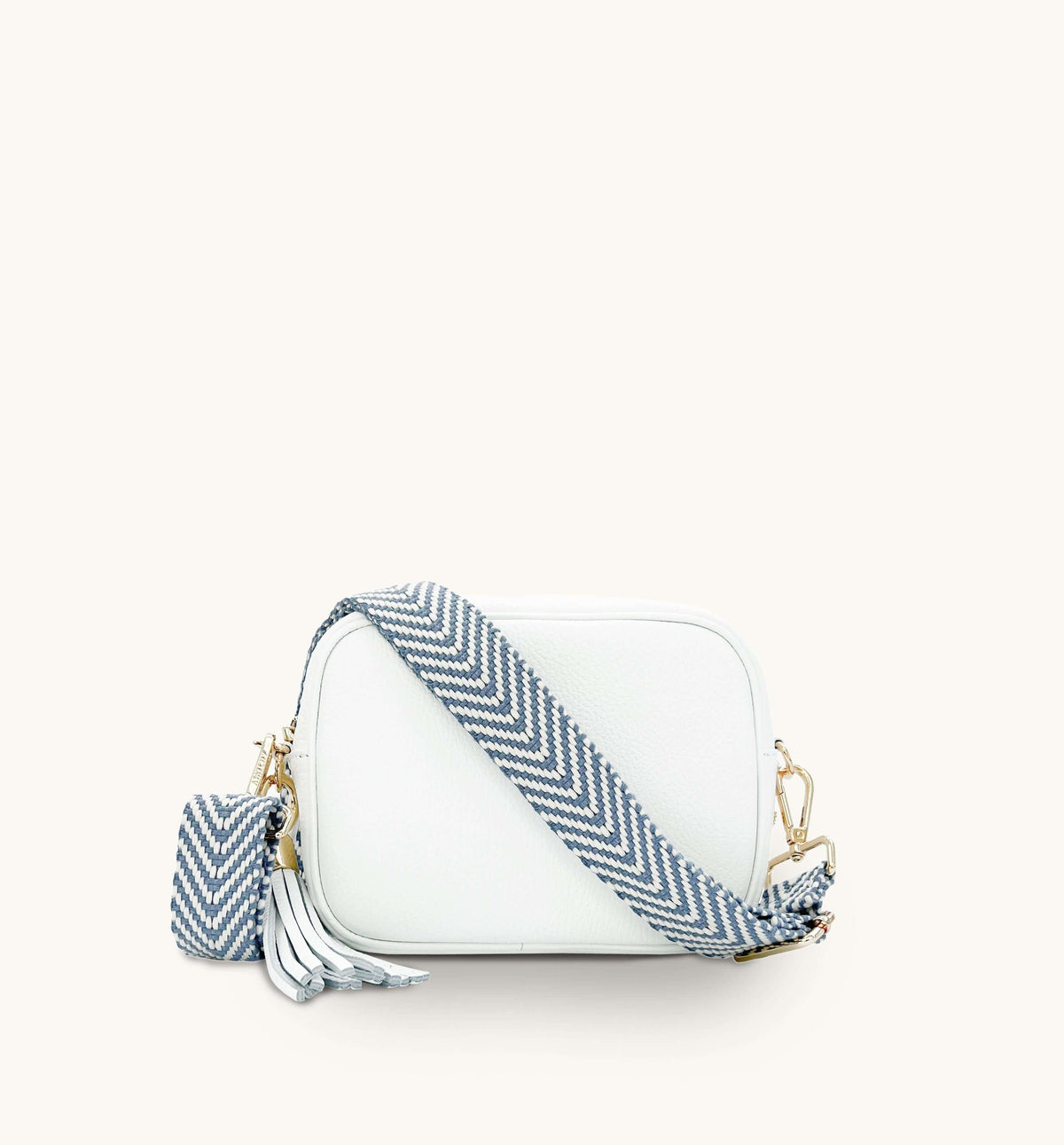 Apatchy London The Tassel White Leather Crossbody Bag With Denim Blue Chevron Strap
