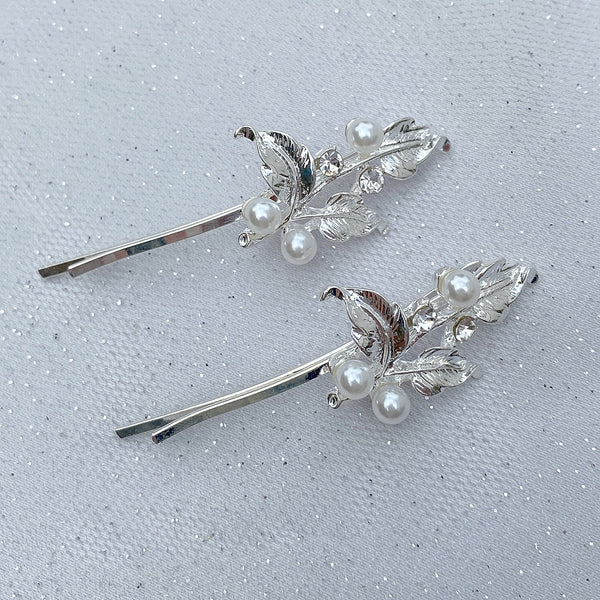 QueenMee Wedding Hair Clips Silver Pearl Hair Slides Set of 2