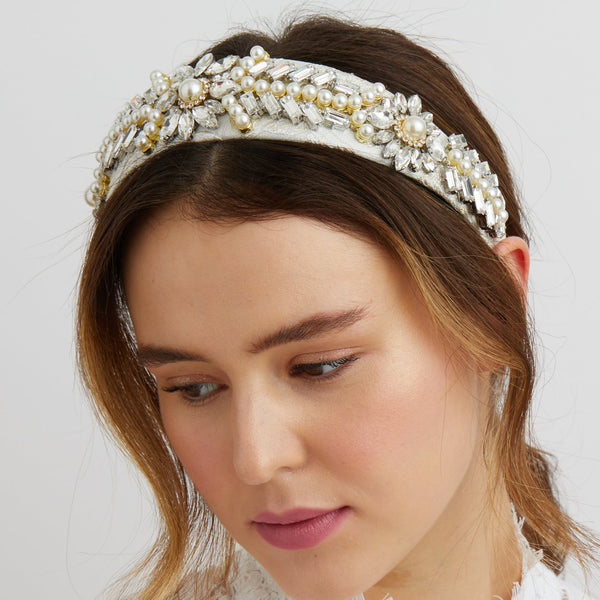 QueenMee Wedding Headband with Crystal and Pearl
