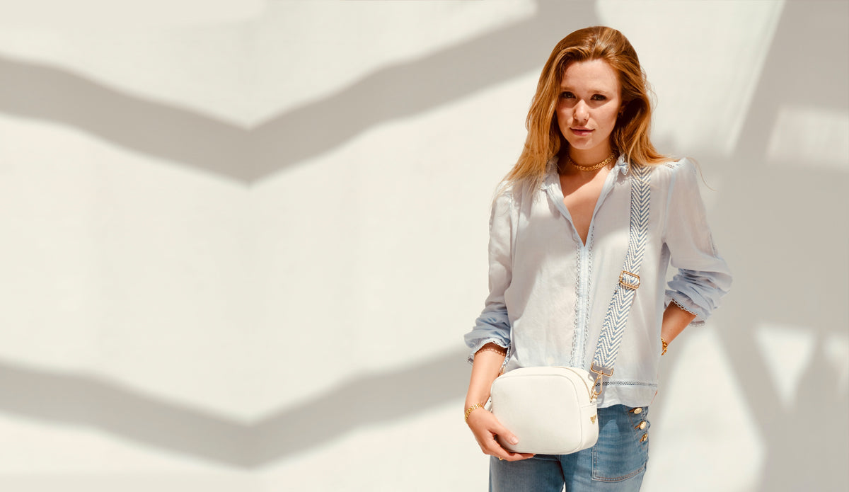 Apatchy London The Tassel White Leather Crossbody Bag With Denim Blue Chevron Strap