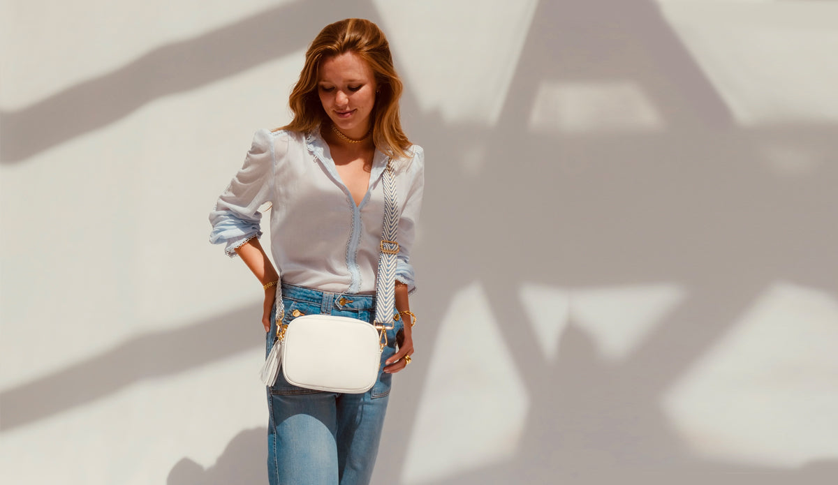 Apatchy London The Tassel White Leather Crossbody Bag With Denim Blue Chevron Strap