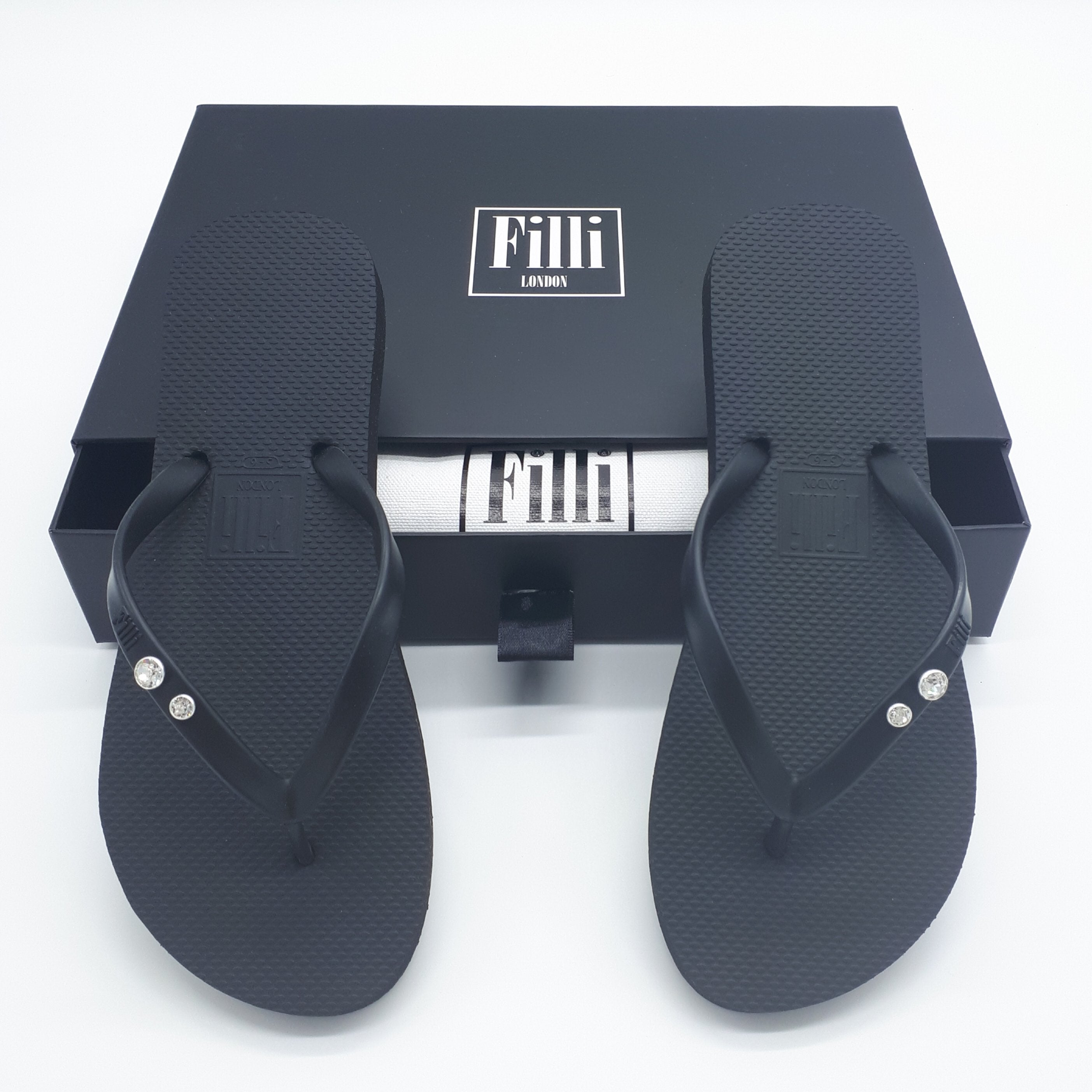 Filli London Crystal Diamond - Black Luxury Flip Flops