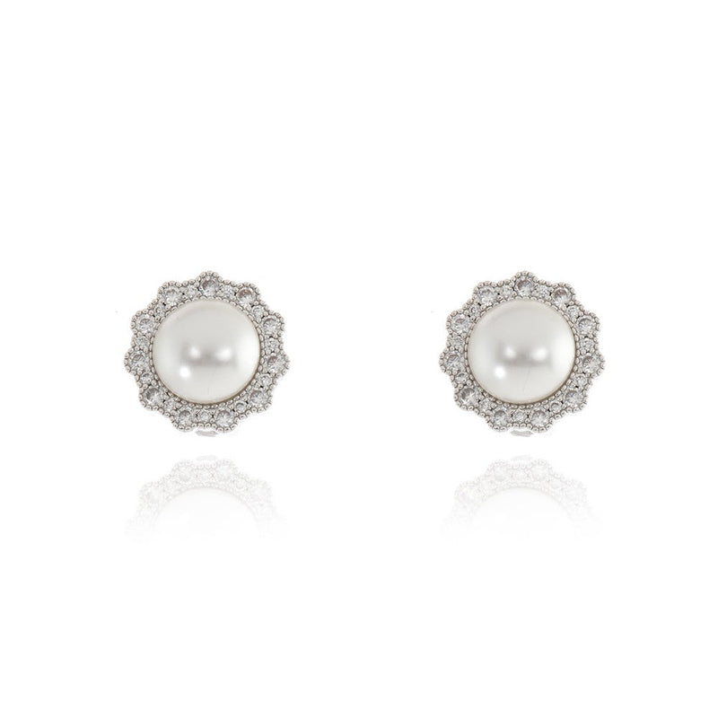 Cachet Florantine Pearl Clip on Earrings  Plated in Rhodium