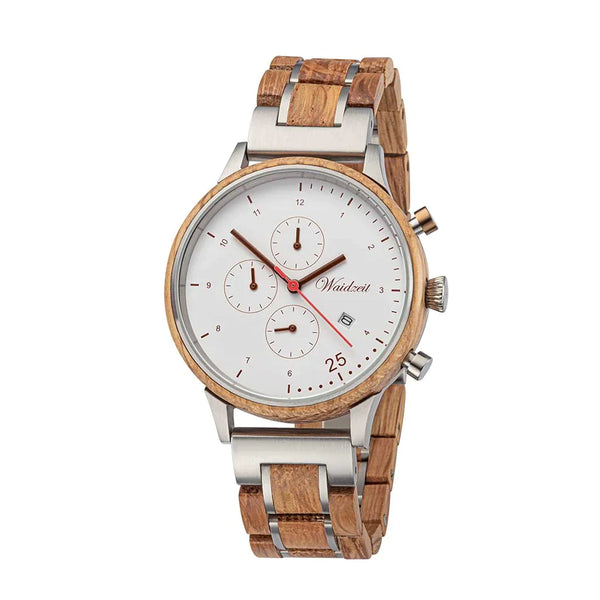 Waidzeit Chronograph Barista Bianco watch with wooden strap men