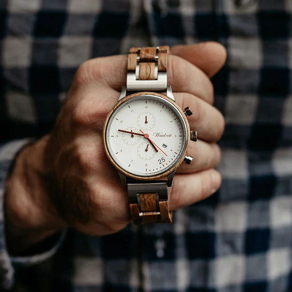 Waidzeit Chronograph Barista Bianco watch with wooden strap men