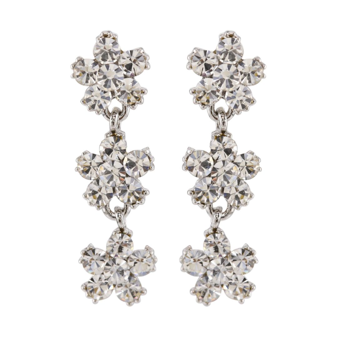 LoveRocks Crystal Daisy 3 Drop Earrings Silver Tone