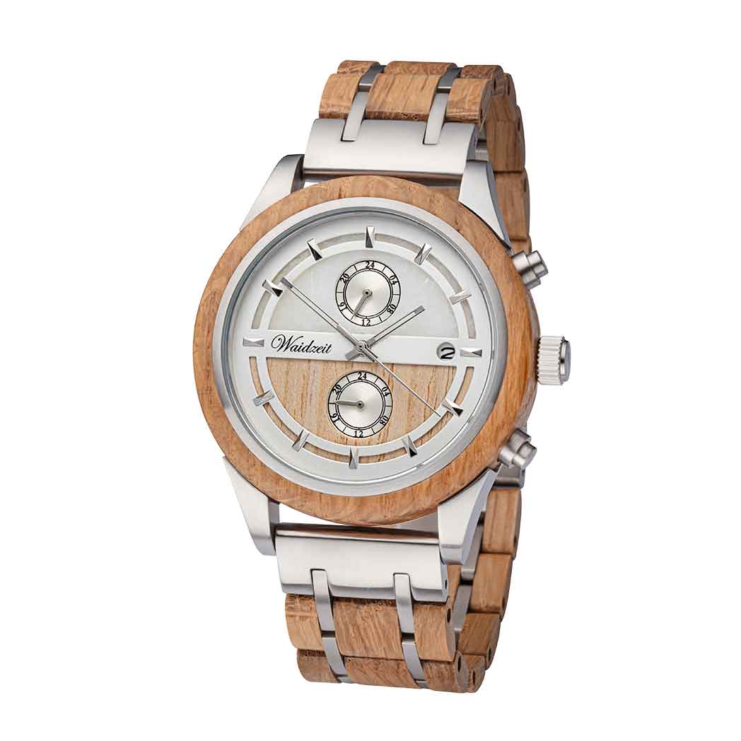 Waidzeit Chronograph Beer Silver wooden strap Men