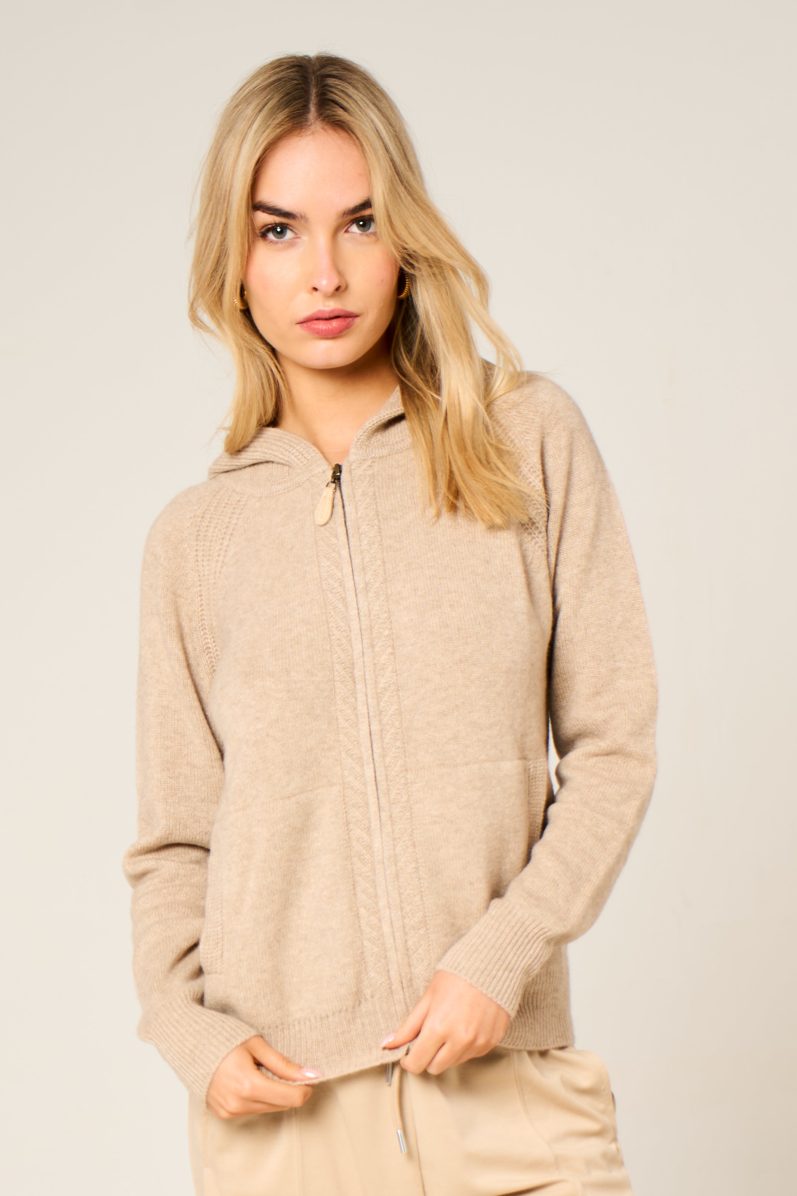 Cashmere Polo Club Claire Ladies Hooded Full Zip Cardigan with Aran Knit Front - 100% Cashmere