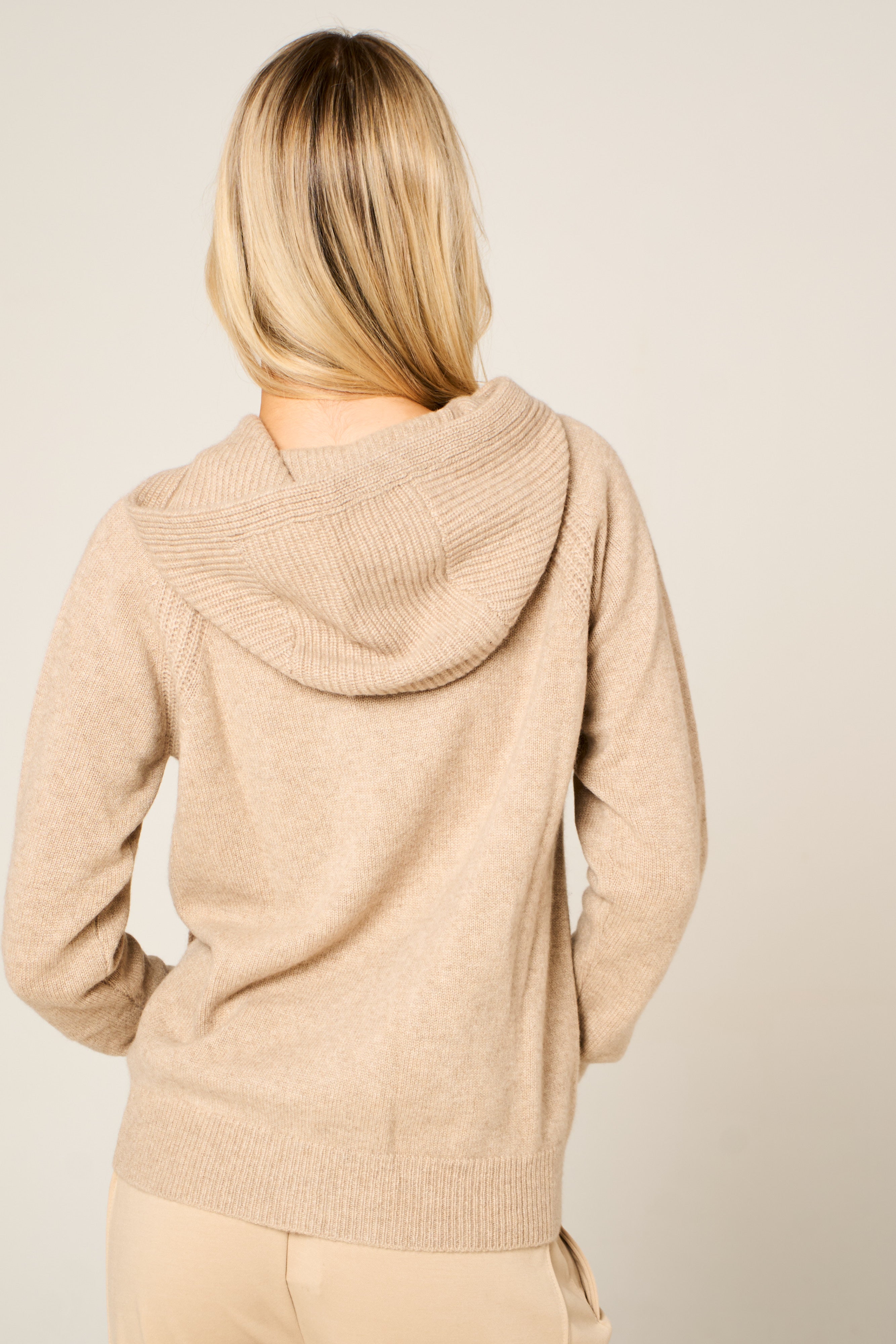 Cashmere Polo Club Claire Ladies Hooded Full Zip Cardigan with Aran Knit Front - 100% Cashmere