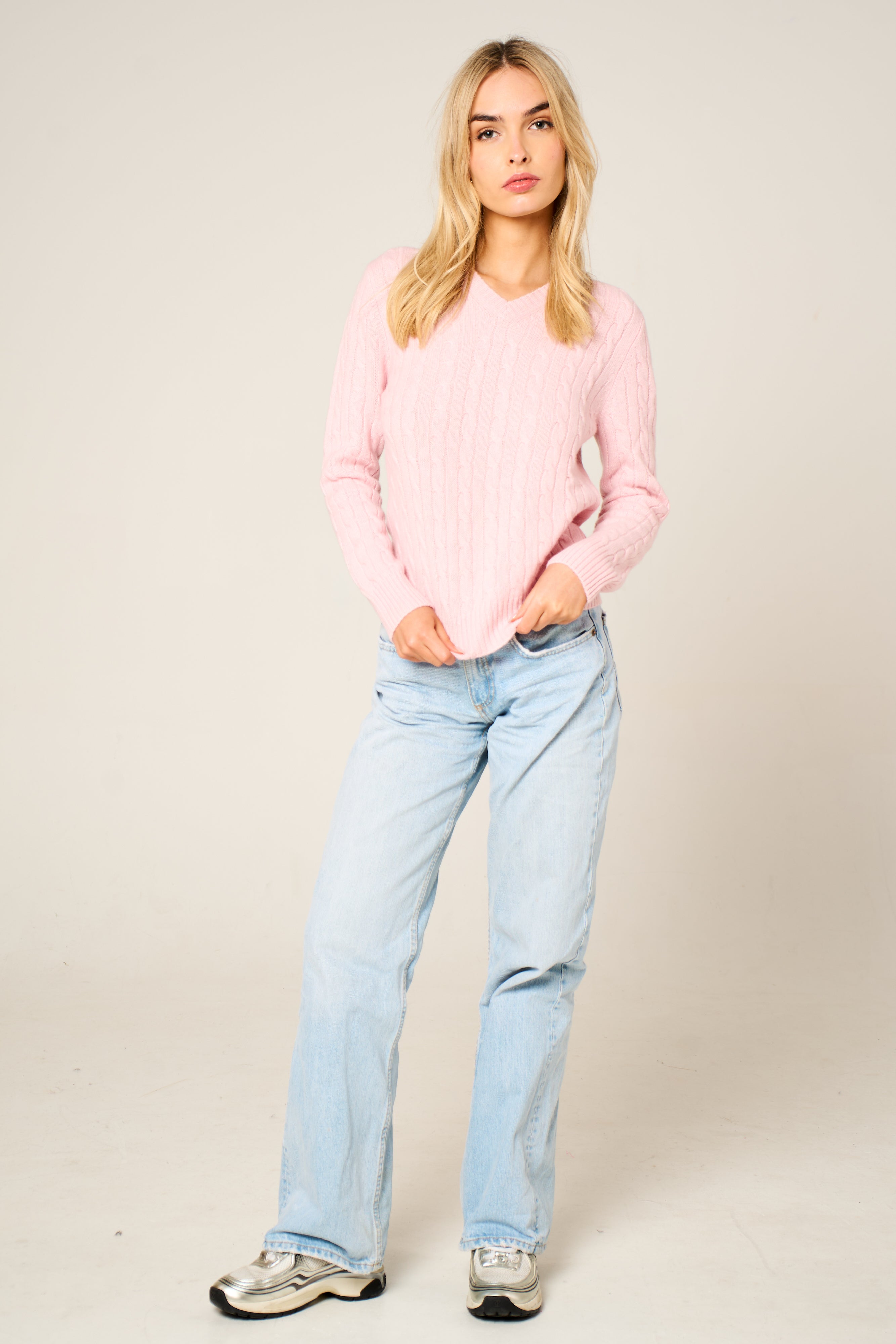 Cashmere Polo Club Larisa Ladies V-Neck Pullover Allover Cable Knit - 100% Cashmere