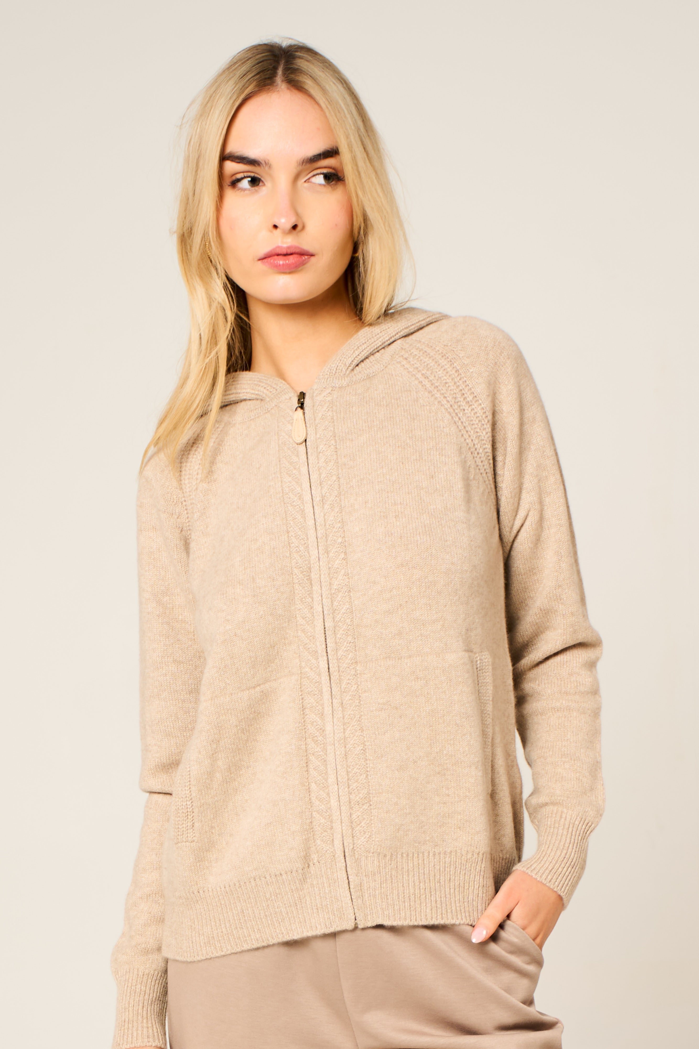 Cashmere Polo Club Claire Ladies Hooded Full Zip Cardigan with Aran Knit Front - 100% Cashmere