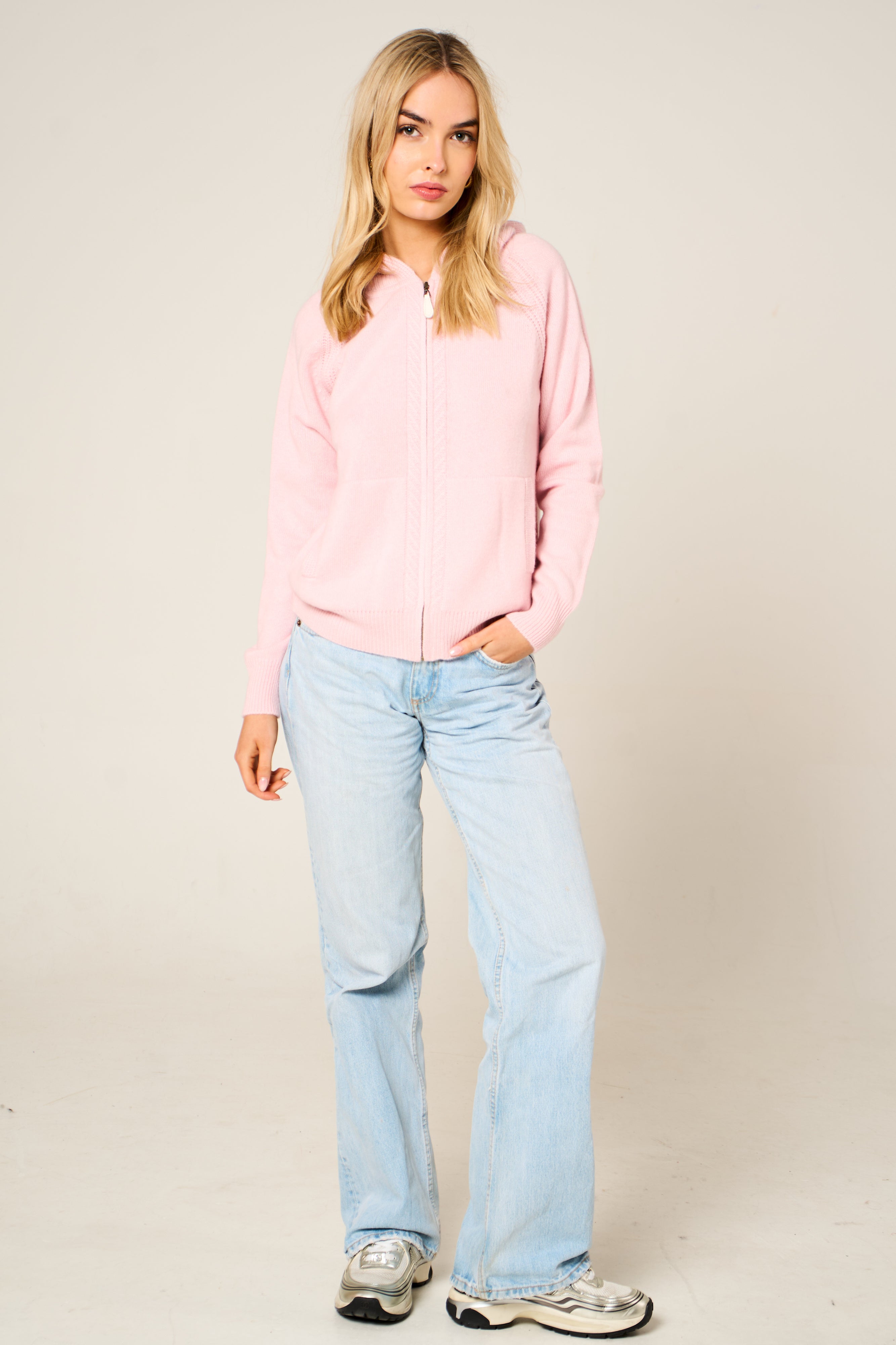 Cashmere Polo Club Claire Ladies Hooded Full Zip Cardigan with Aran Knit Front - 100% Cashmere