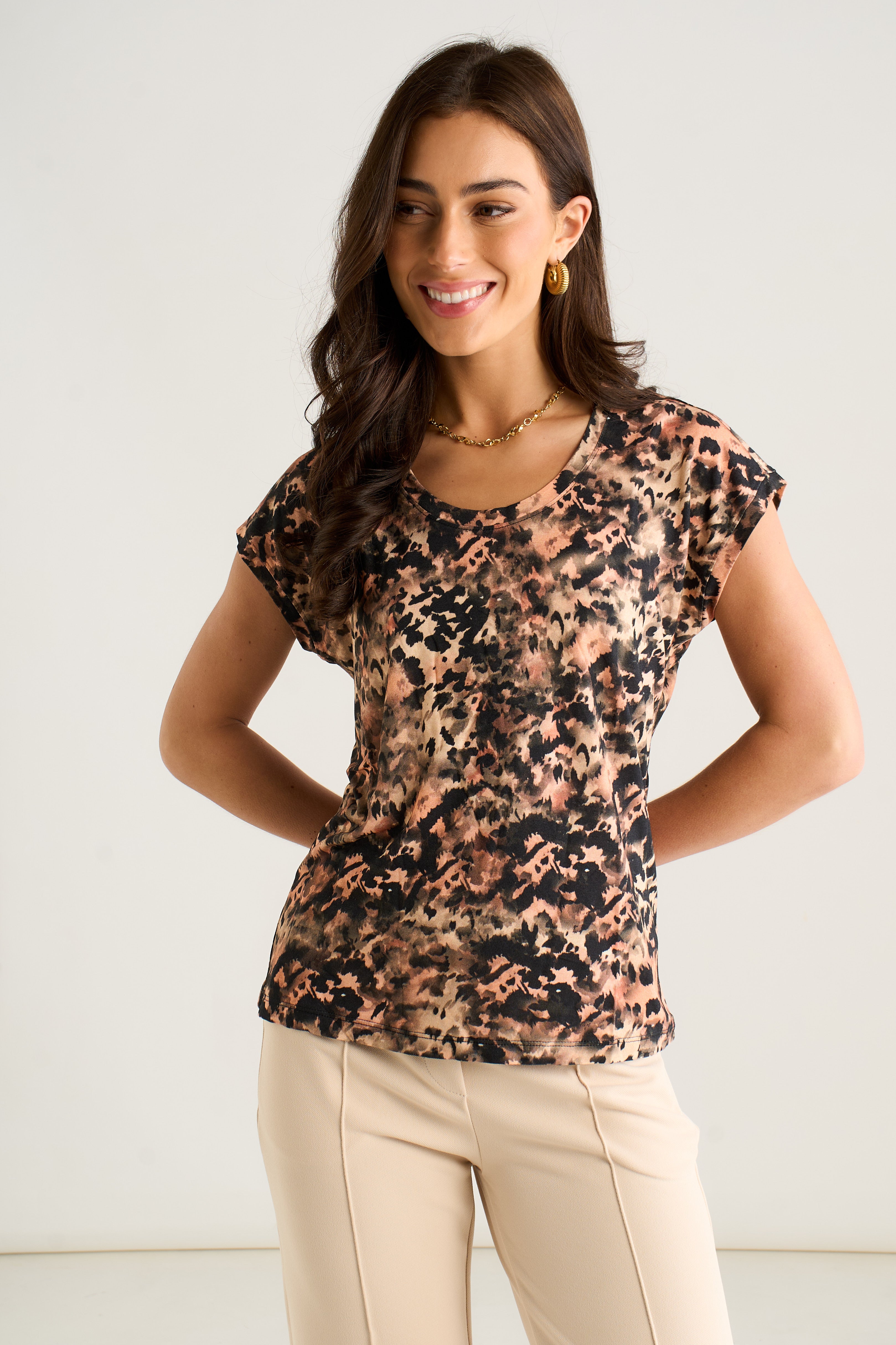 East Village Short Sleeve Animal Smudge print top