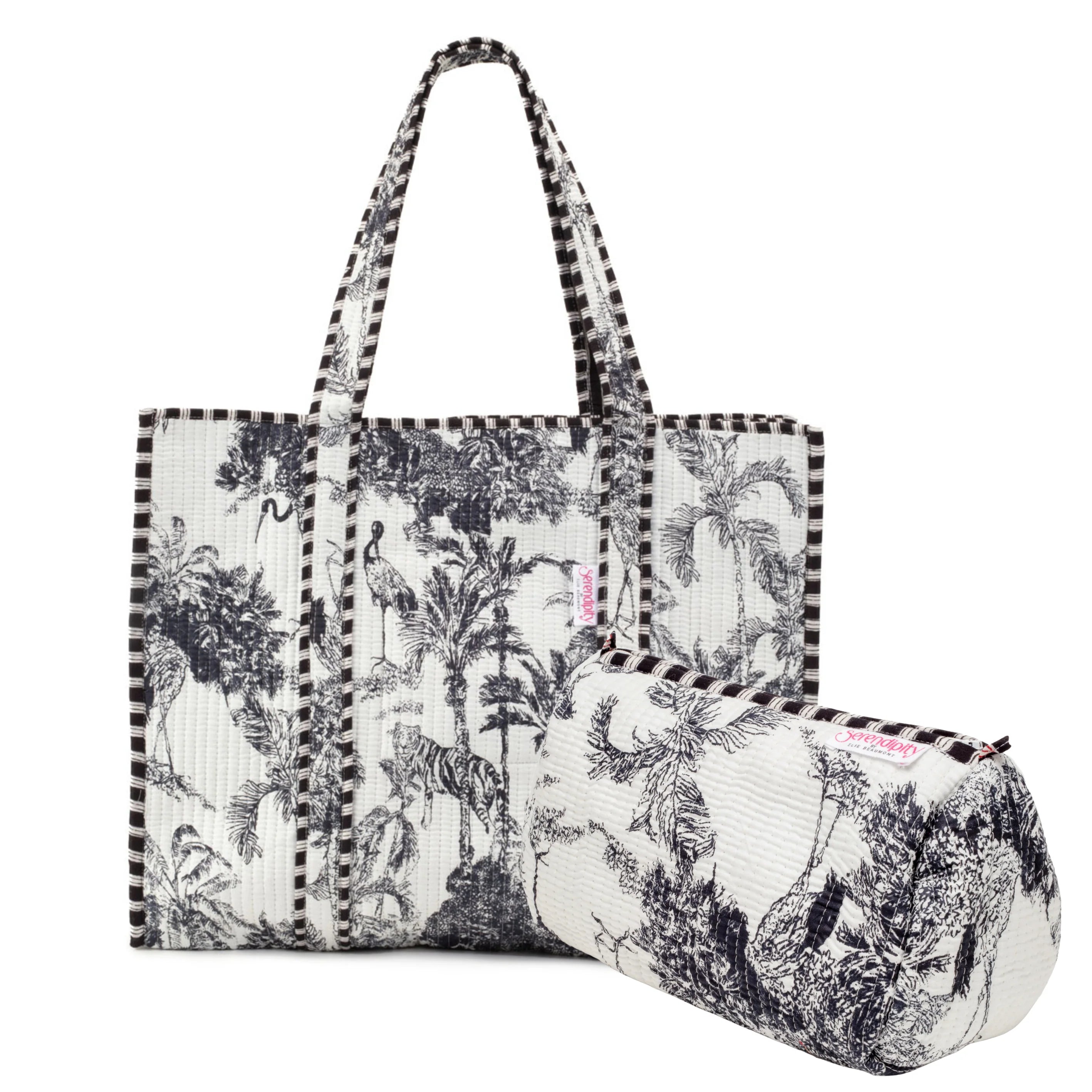 Elie Beaumont Serendipity Cotton Tote & Cosmetic Bag Set - Black & White Crane