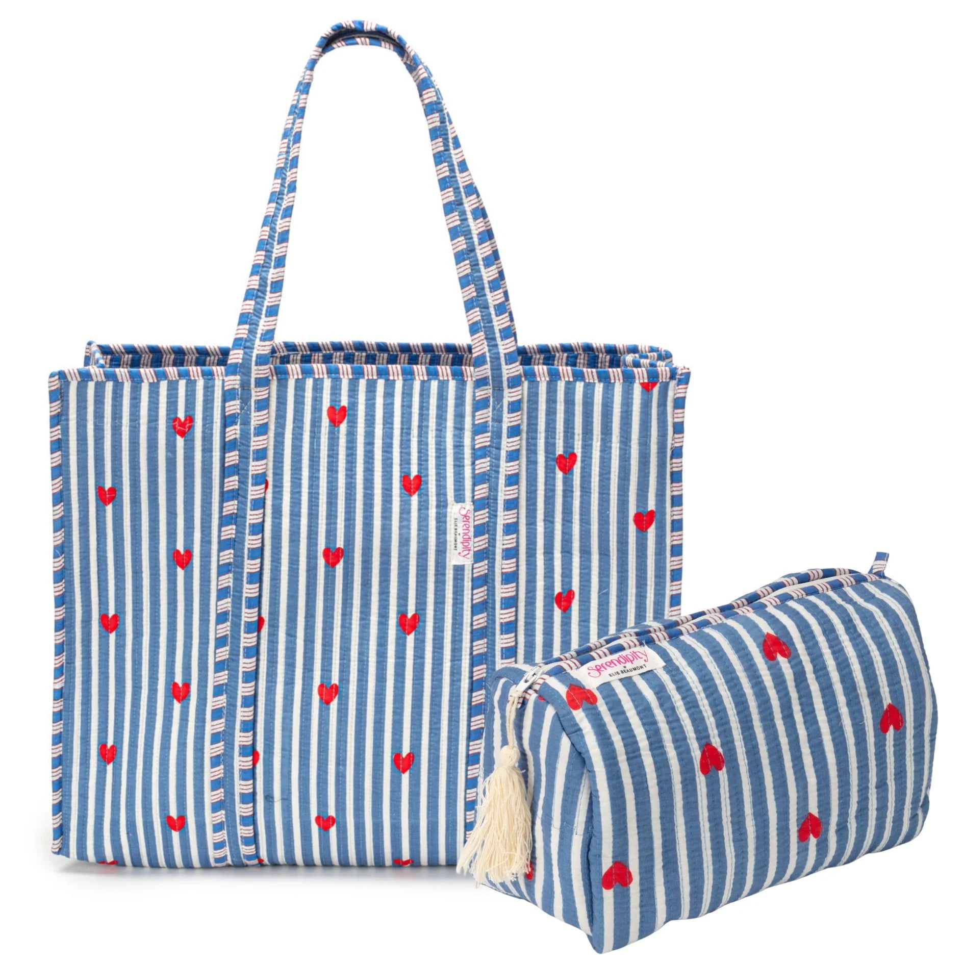 Elie Beaumont Serendipity Cotton Tote & Cosmetic Bag Set - Blue Stripe Red Heart