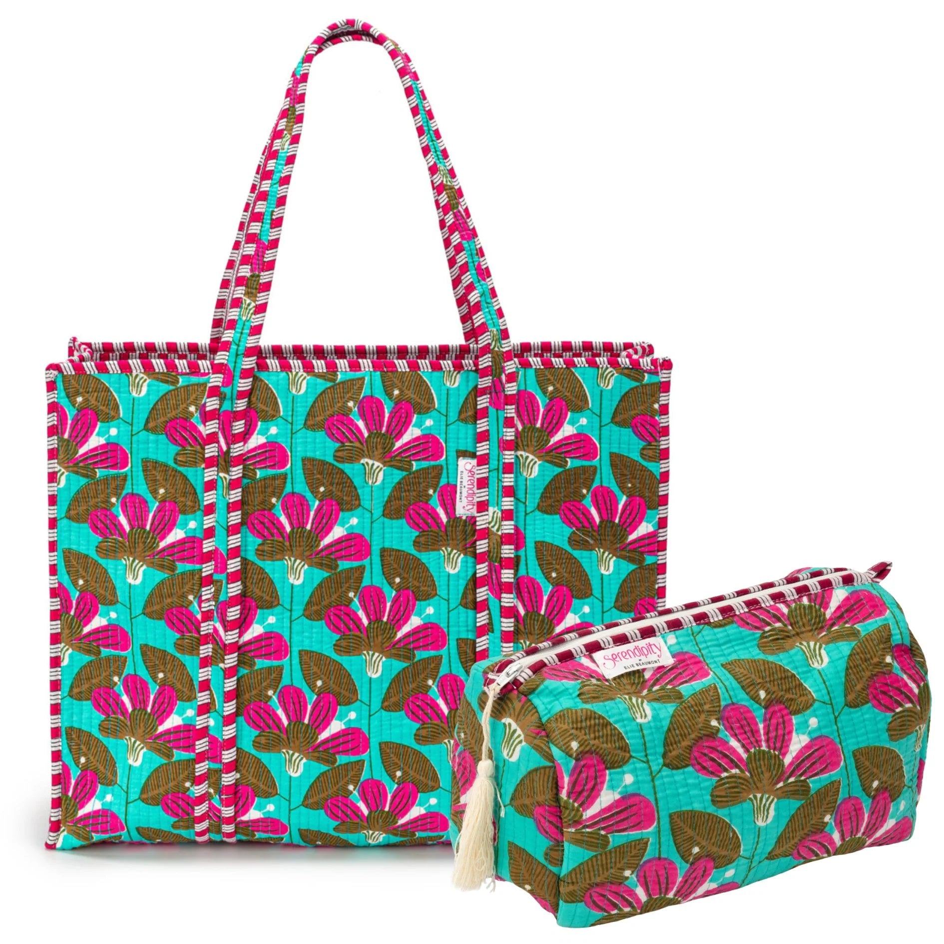 Elie Beaumont Serendipity Cotton Tote & Cosmetic Bag Set - Turquoise Blossoms