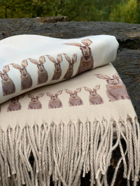 Cashmere Feel Luxury Scarf Handprinted with Hares