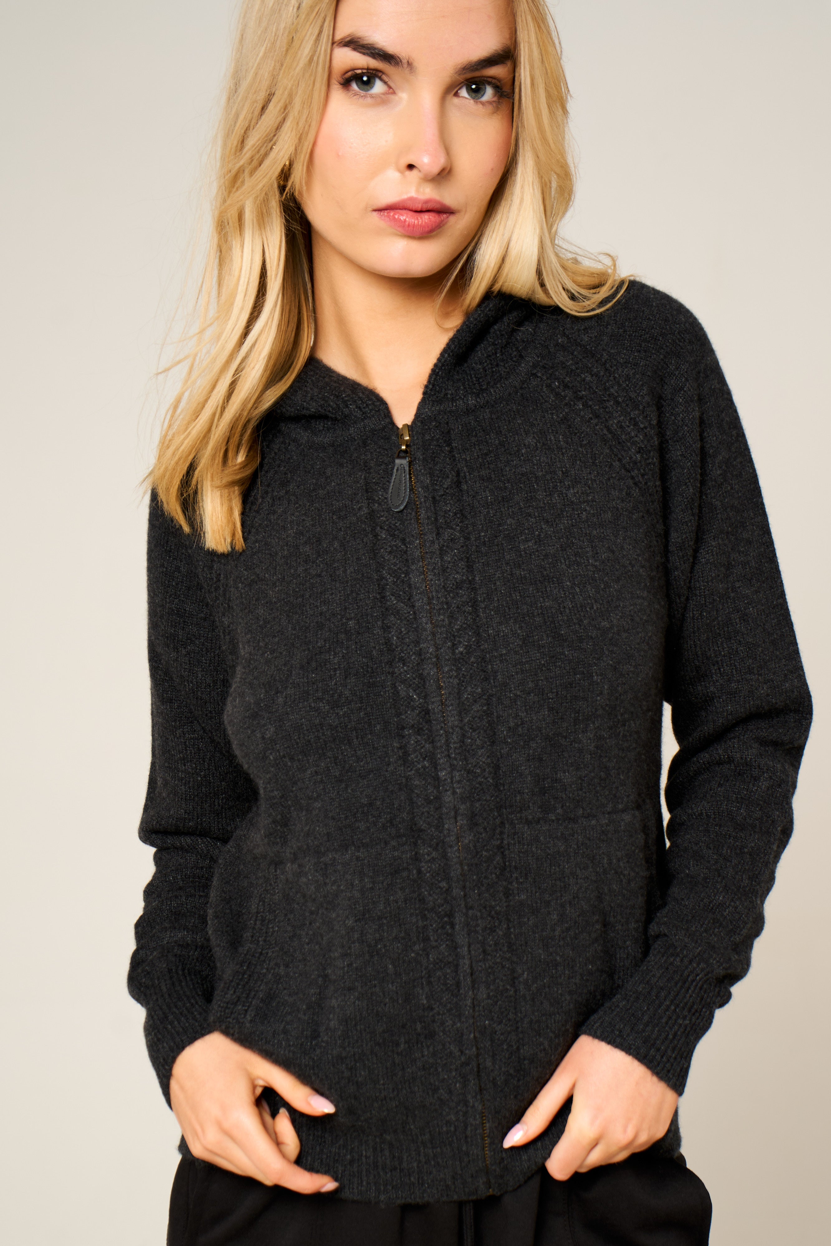 Cashmere Polo Club Claire Ladies Hooded Full Zip Cardigan with Aran Knit Front - 100% Cashmere