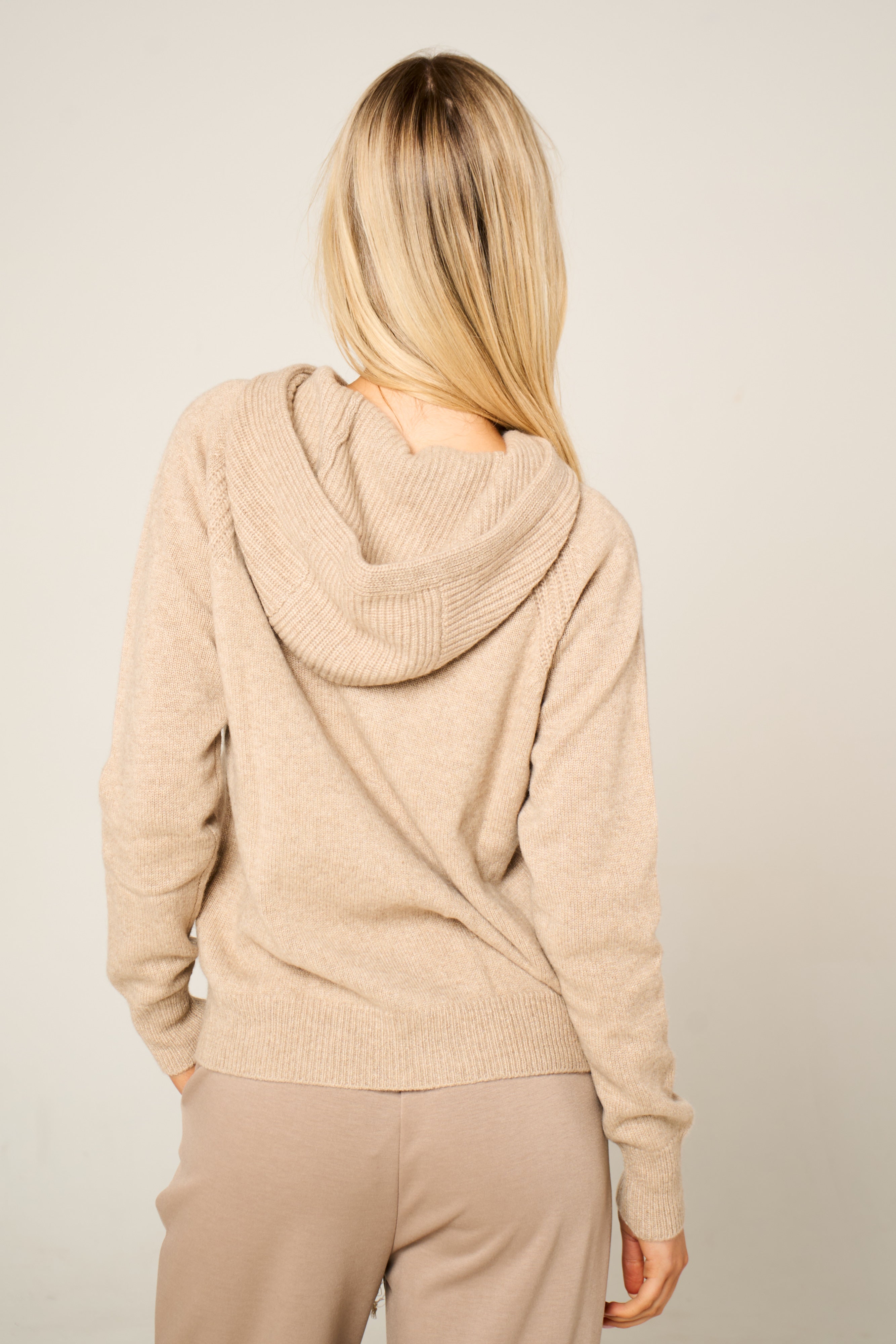 Cashmere Polo Club Claire Ladies Hooded Full Zip Cardigan with Aran Knit Front - 100% Cashmere