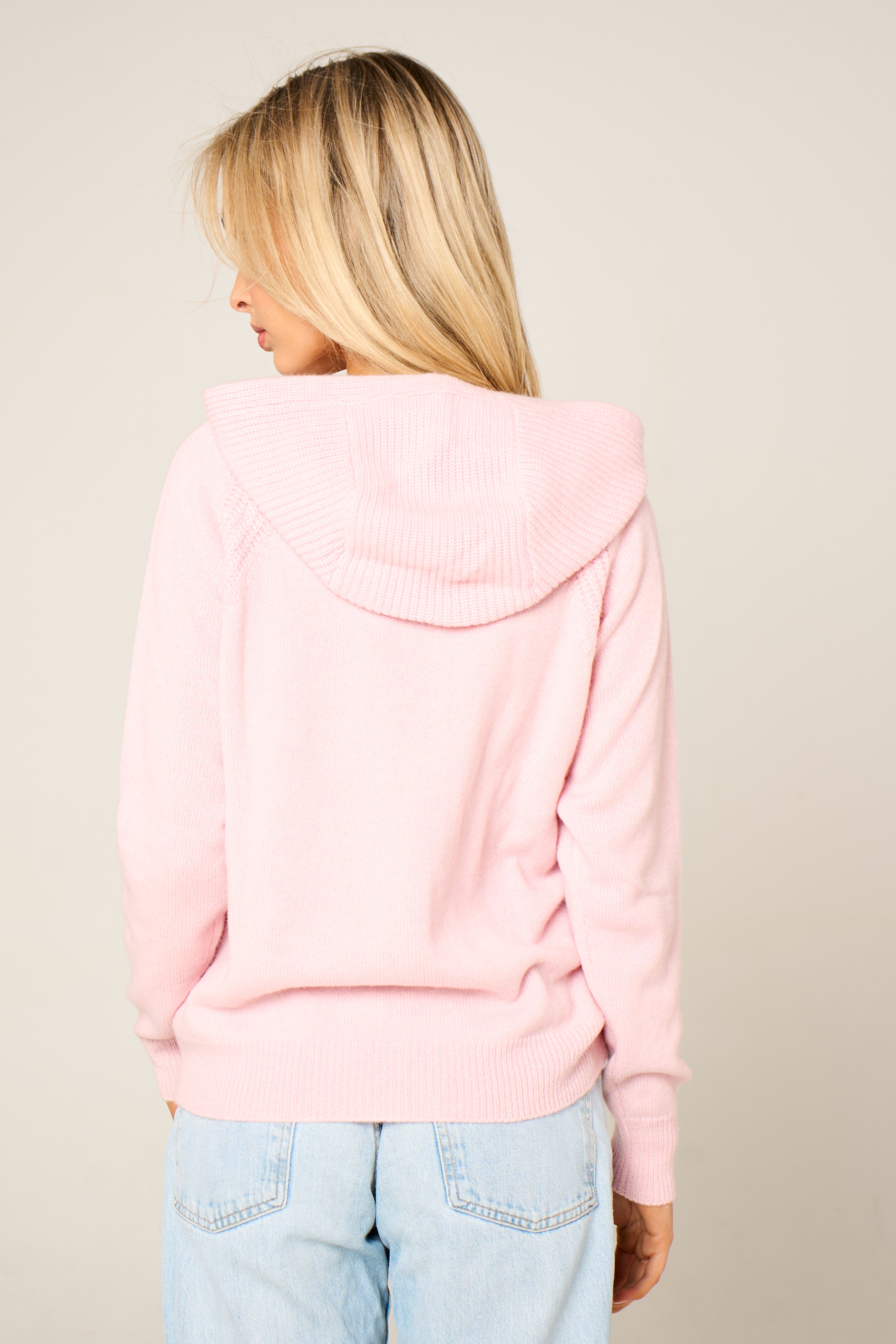 Cashmere Polo Club Claire Ladies Hooded Full Zip Cardigan with Aran Knit Front - 100% Cashmere