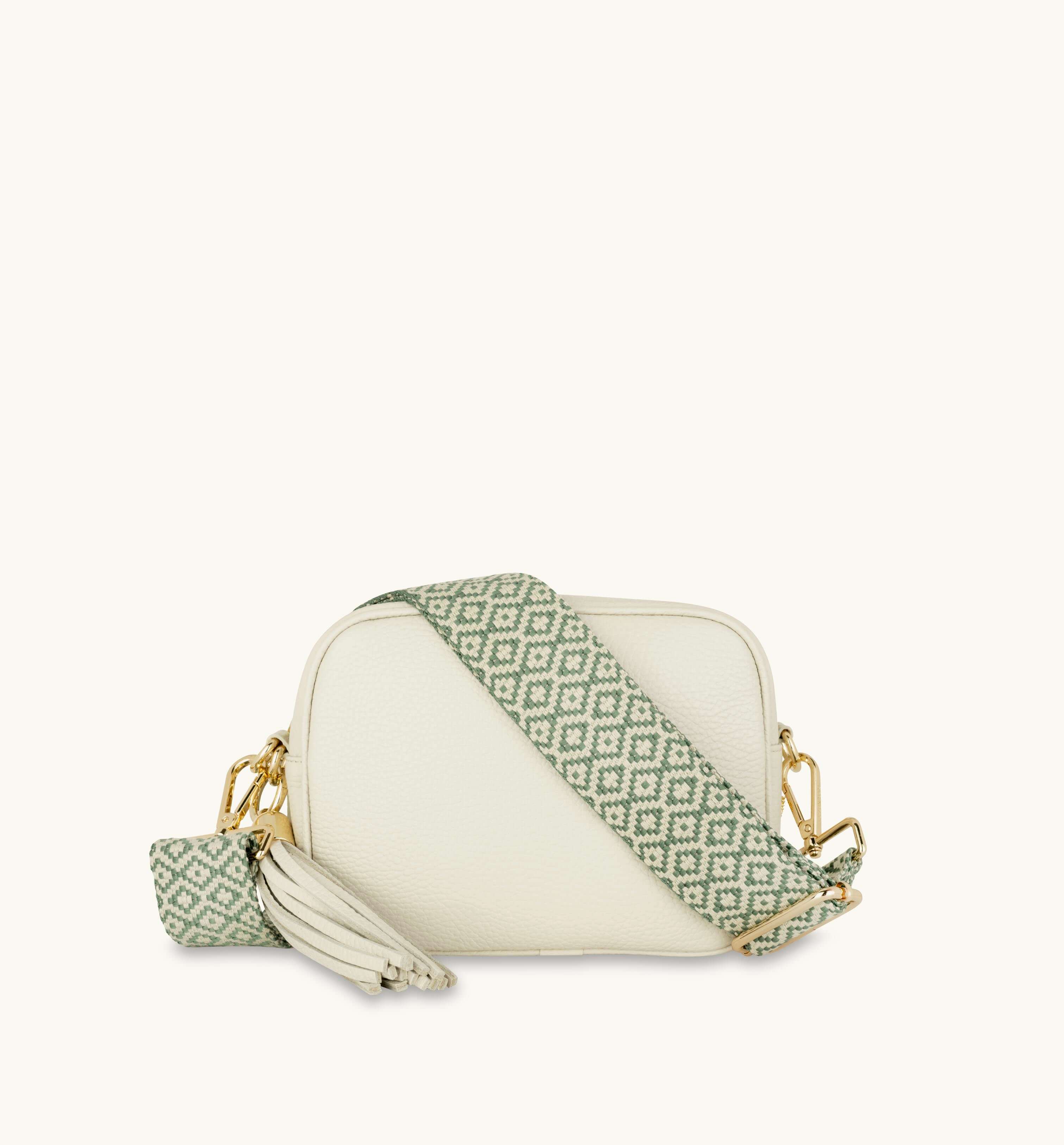 Apatchy London The Tassel Stone Leather Crossbody Bag With Pistachio Cross-Stitch Strap