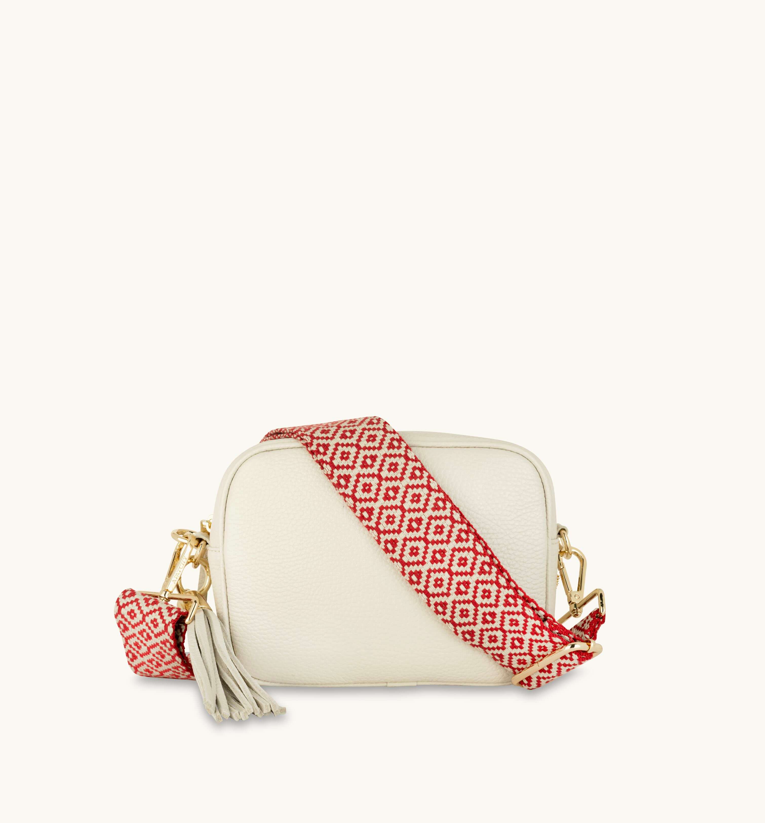 Apatchy London The Tassel Stone Leather Crossbody Bag With Red Cross-Stitch Strap