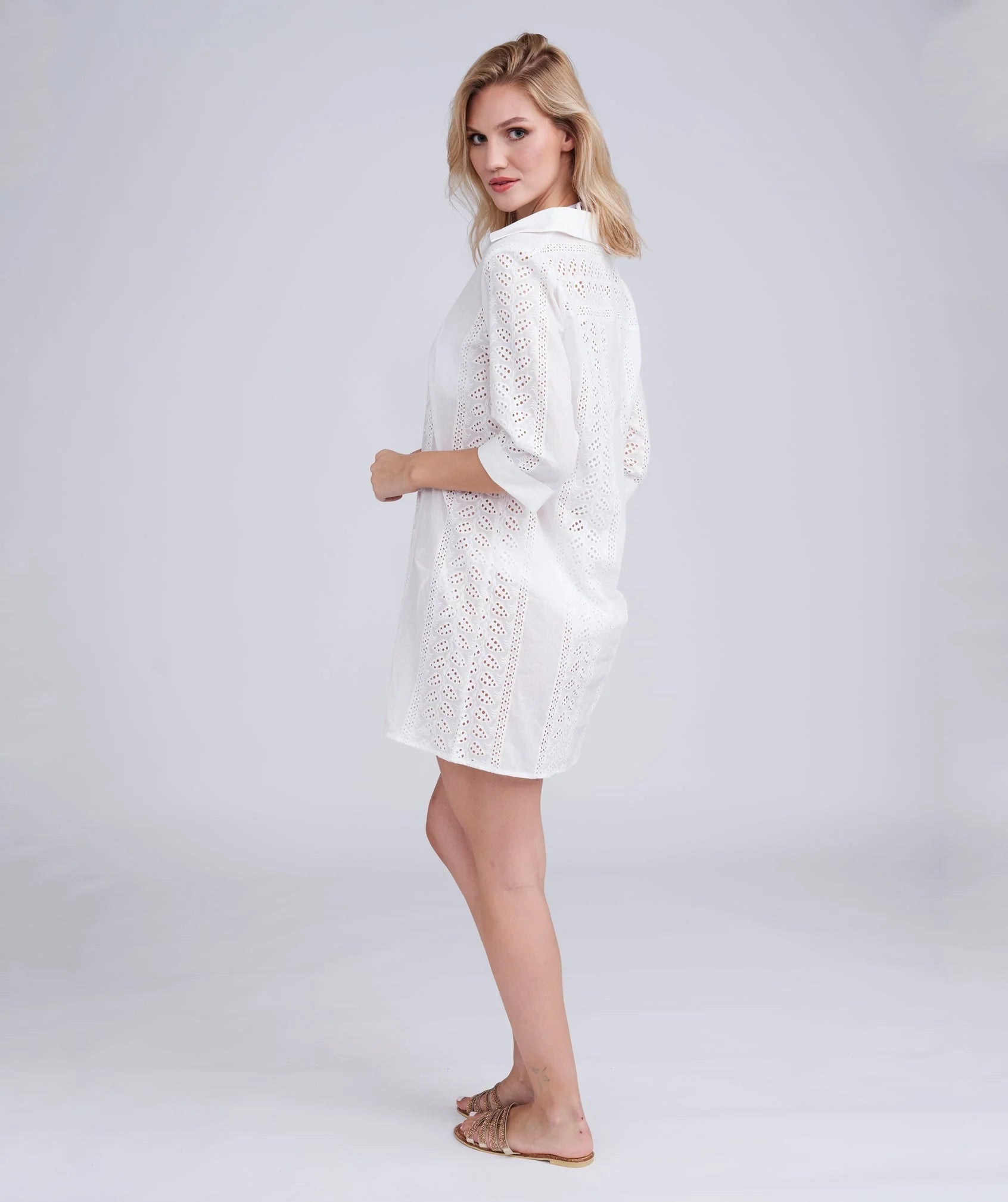 Back View: White Midi Beach Shirt with Perforated Cut Out Design