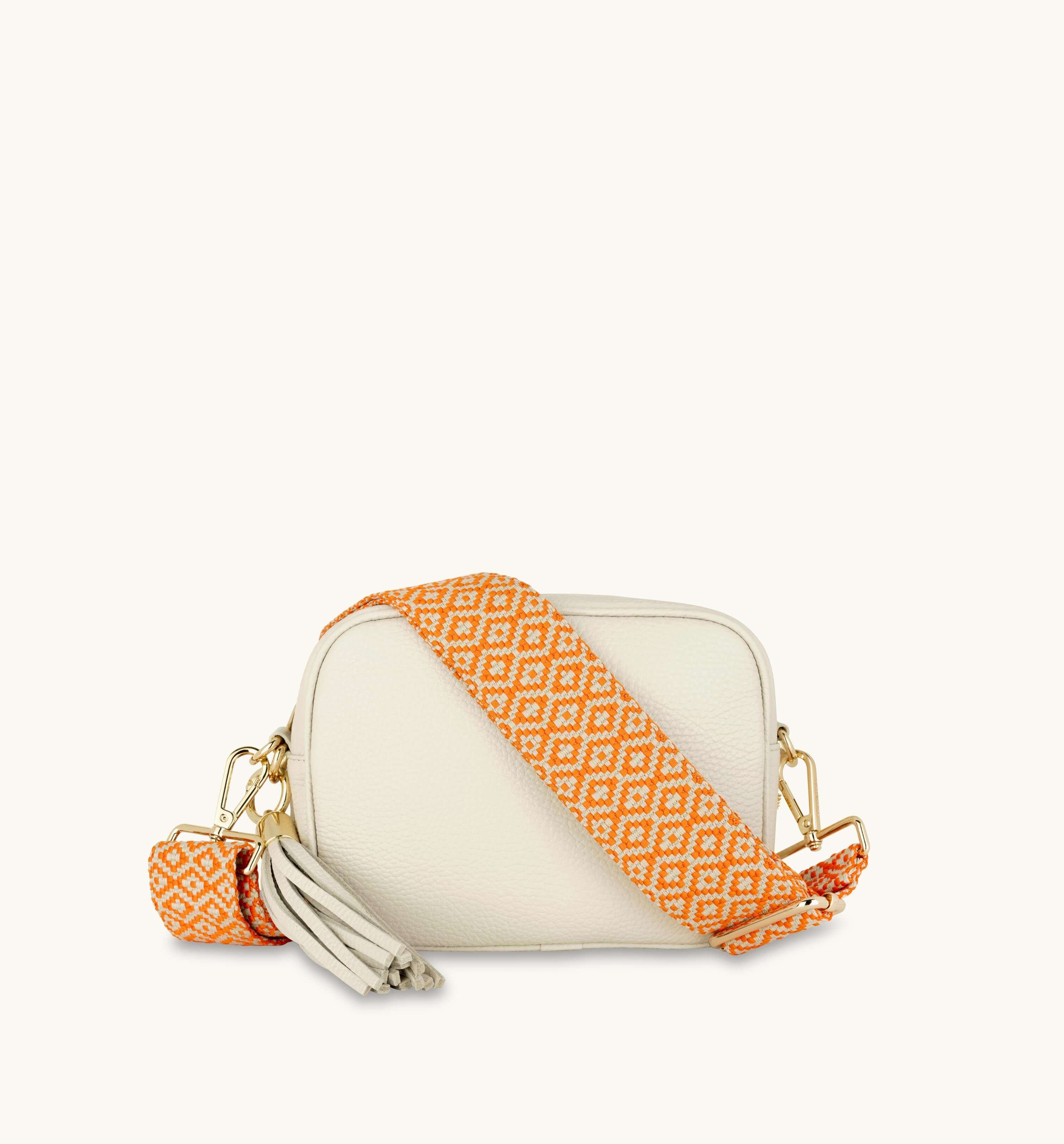 Apatchy London The Tassel Stone Leather Crossbody Bag With Orange Cross-Stitch Strap