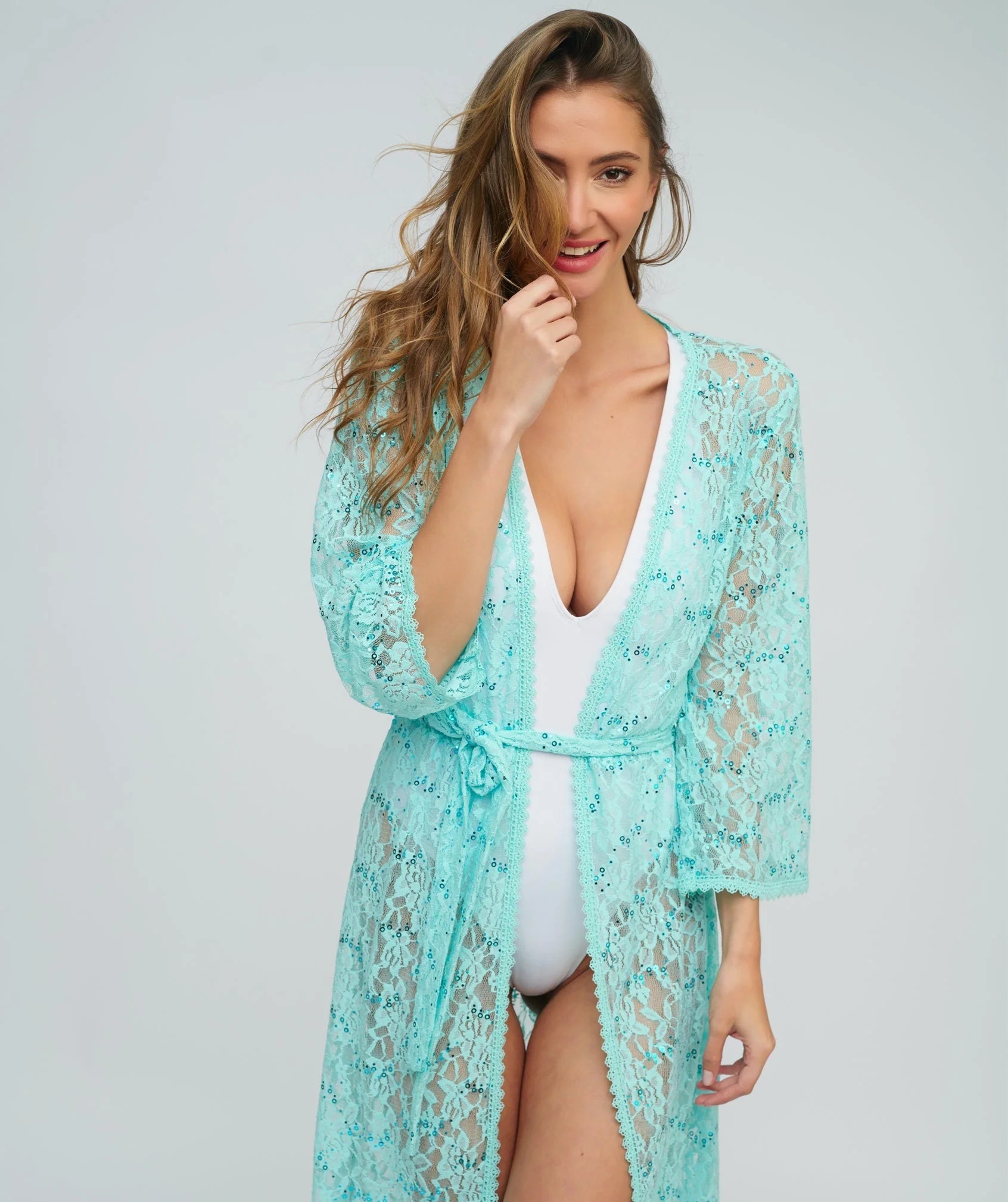 Turquoise Sequin Lace Kimono with Tie Belt