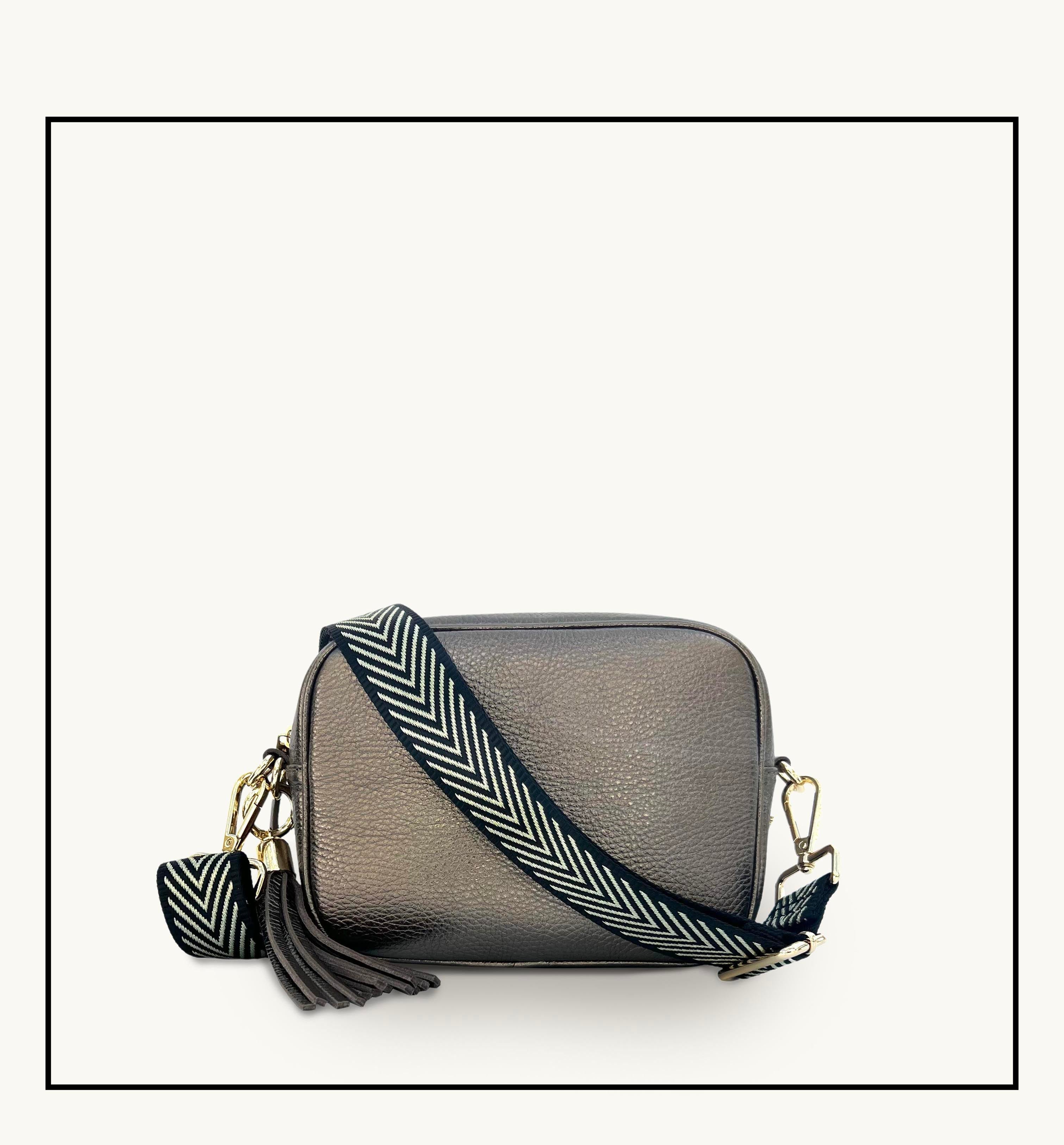 Apatchy London The Tassel  Leather Crossbody Bag With Black & Gold Chevron Strap