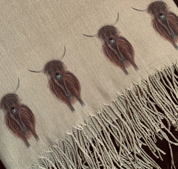 Cashmere Feel Luxury Scarf Handprinted with Highland Cows