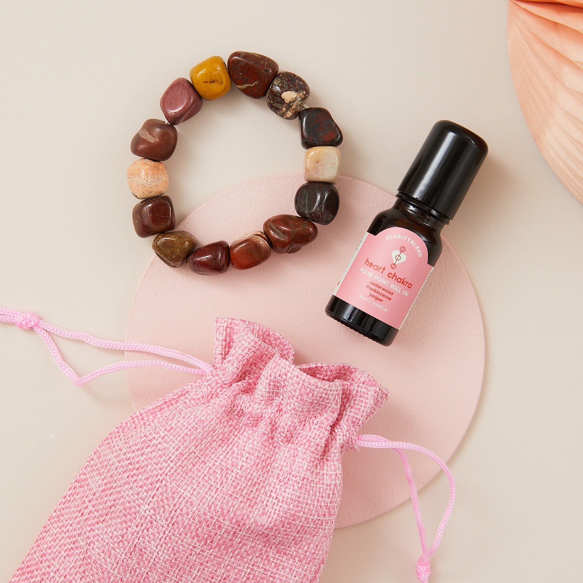 Clarity Blend The Heart Chakra set with mookaite gemstone bracelet and a pulse point roll-on