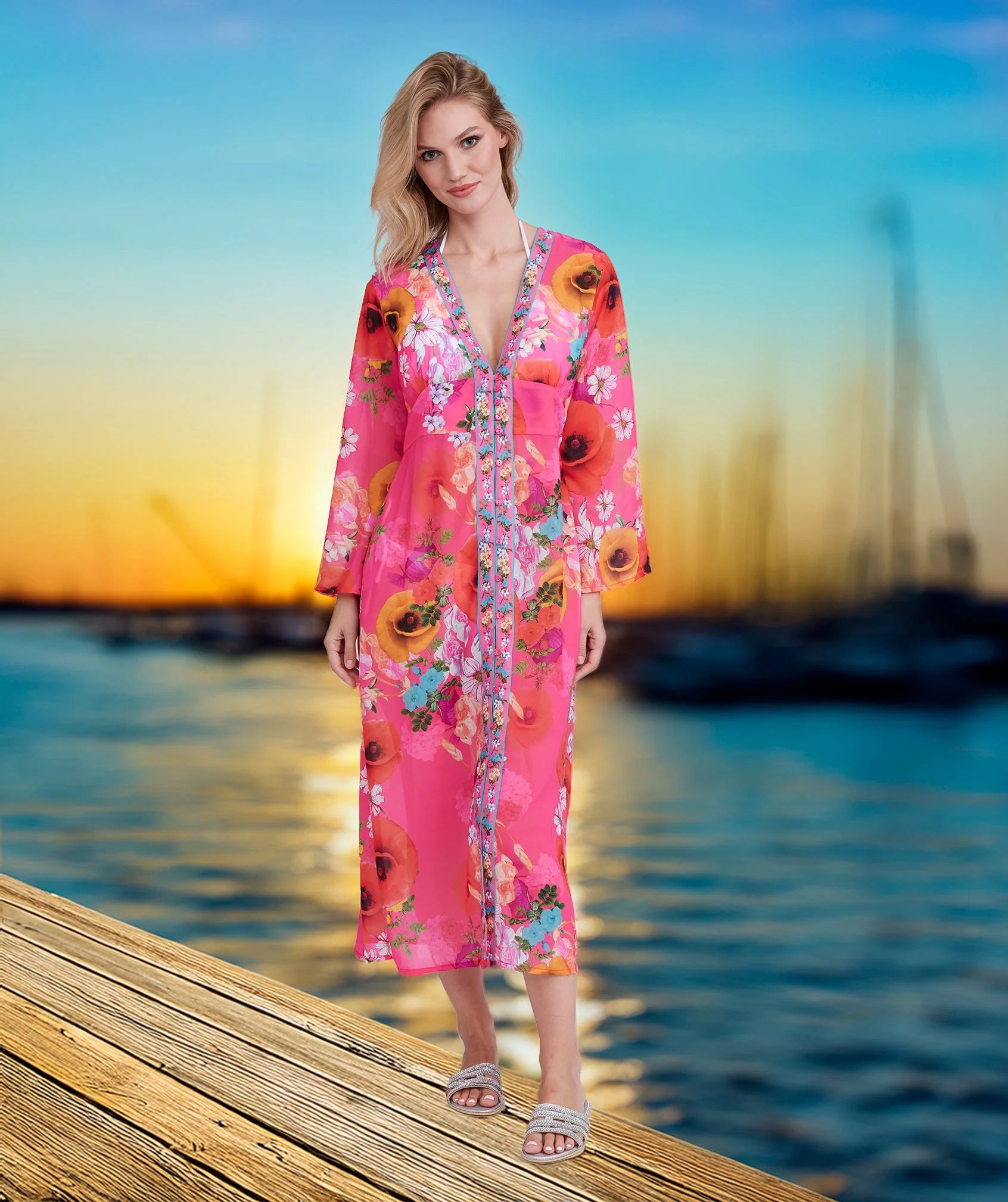 Pink Floral Print Midi Length Cover Up with Beaded Embellishment .