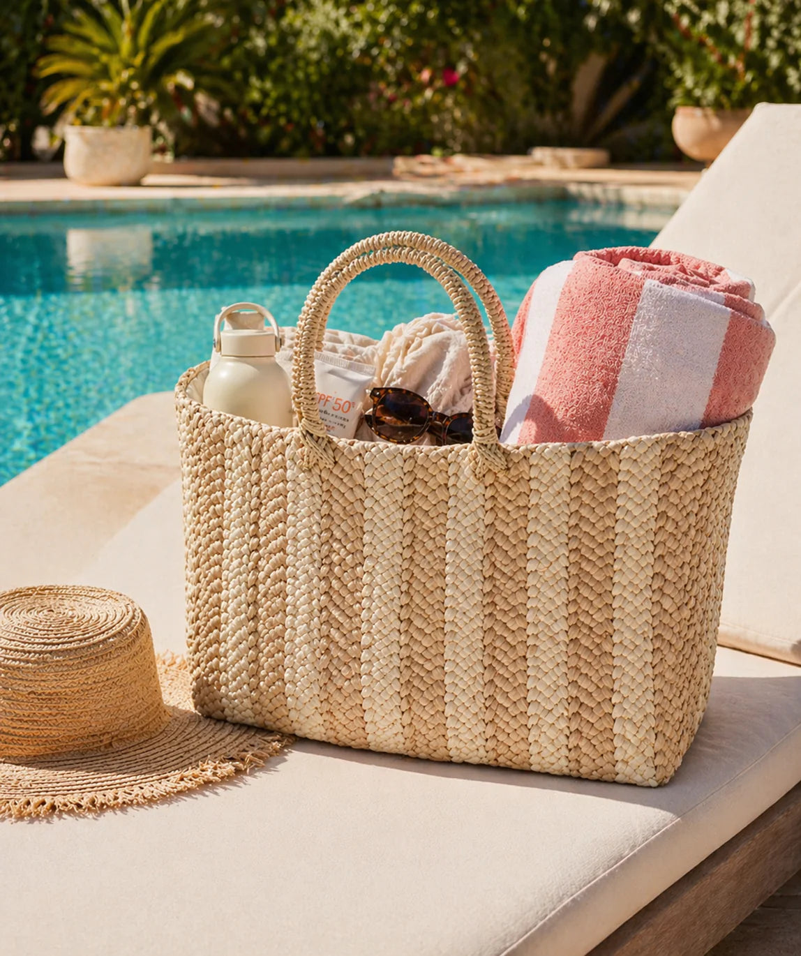 Natural/Gold Straw Bag with Zip Closure and Twin Top Handles