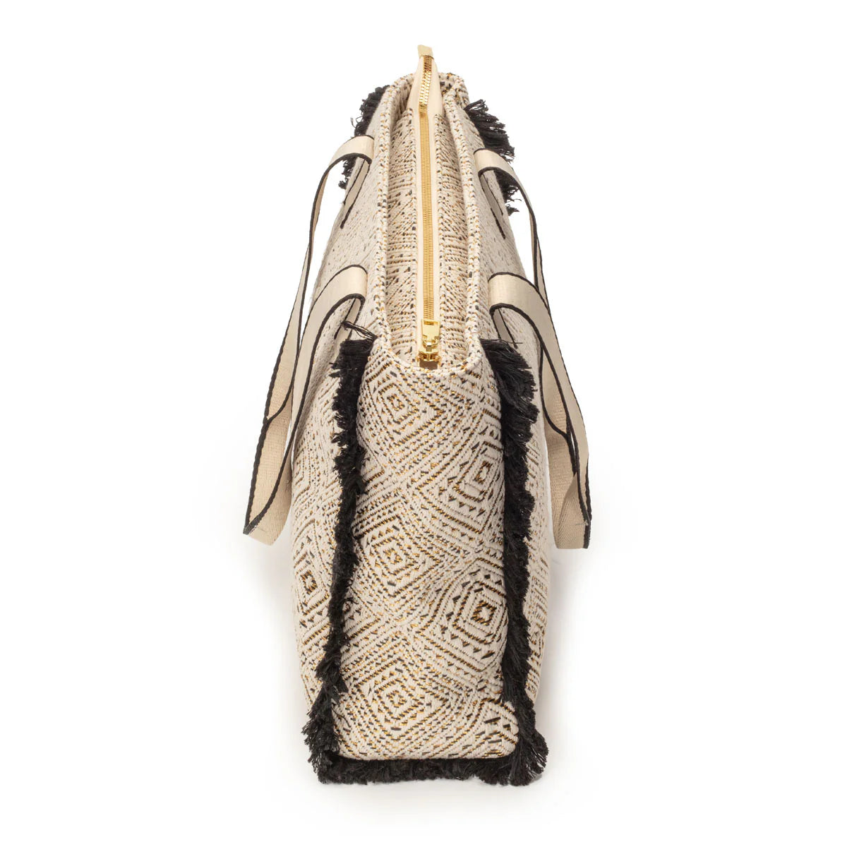 Elie Beaumont Summer Tote - Fringe Black Diamond Jacquard weave