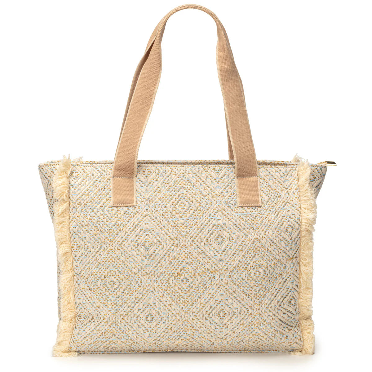 Elie Beaumont Summer Tote - Fringe Powder Blue Diamond Jacquard weave