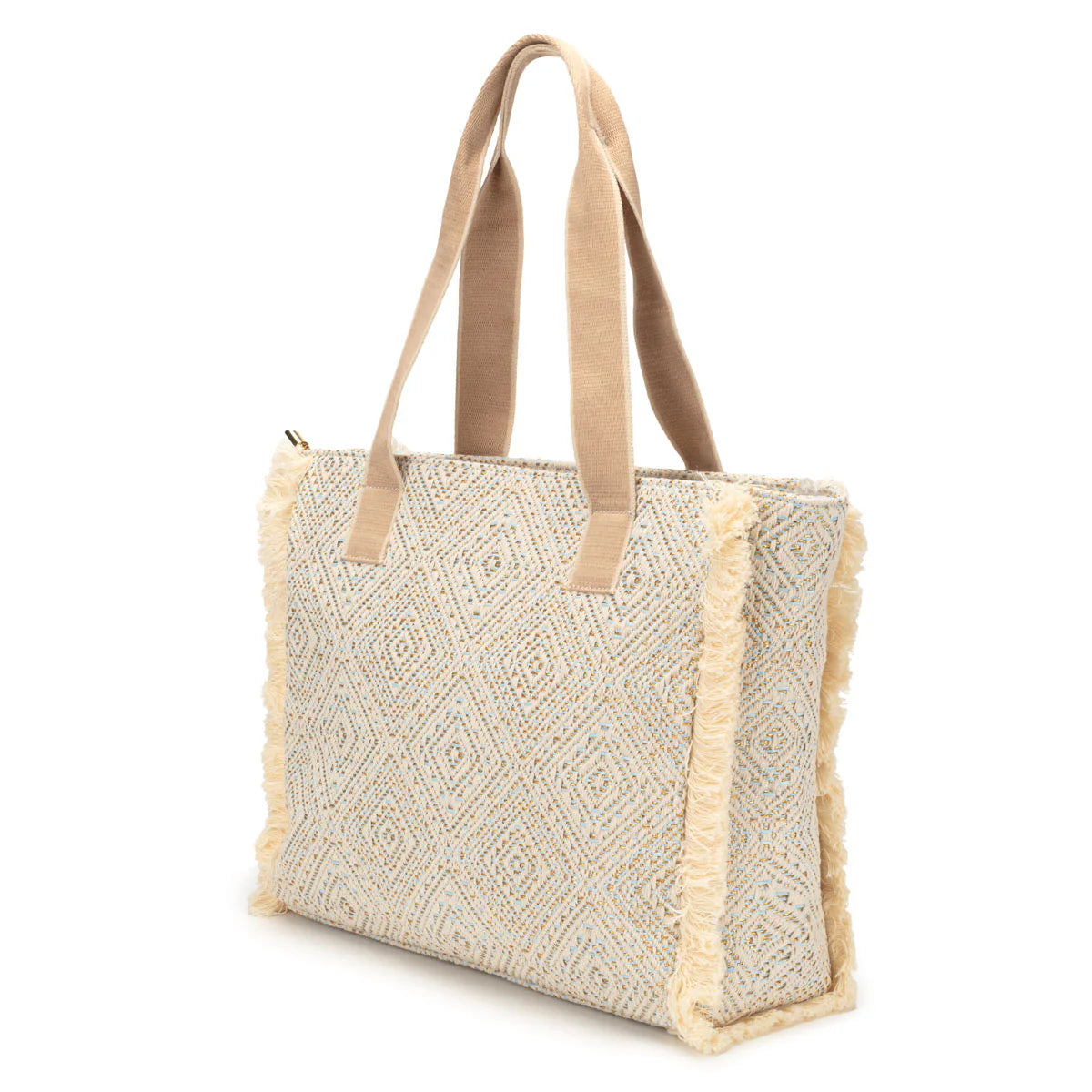 Elie Beaumont Summer Tote - Fringe Powder Blue Diamond Jacquard weave