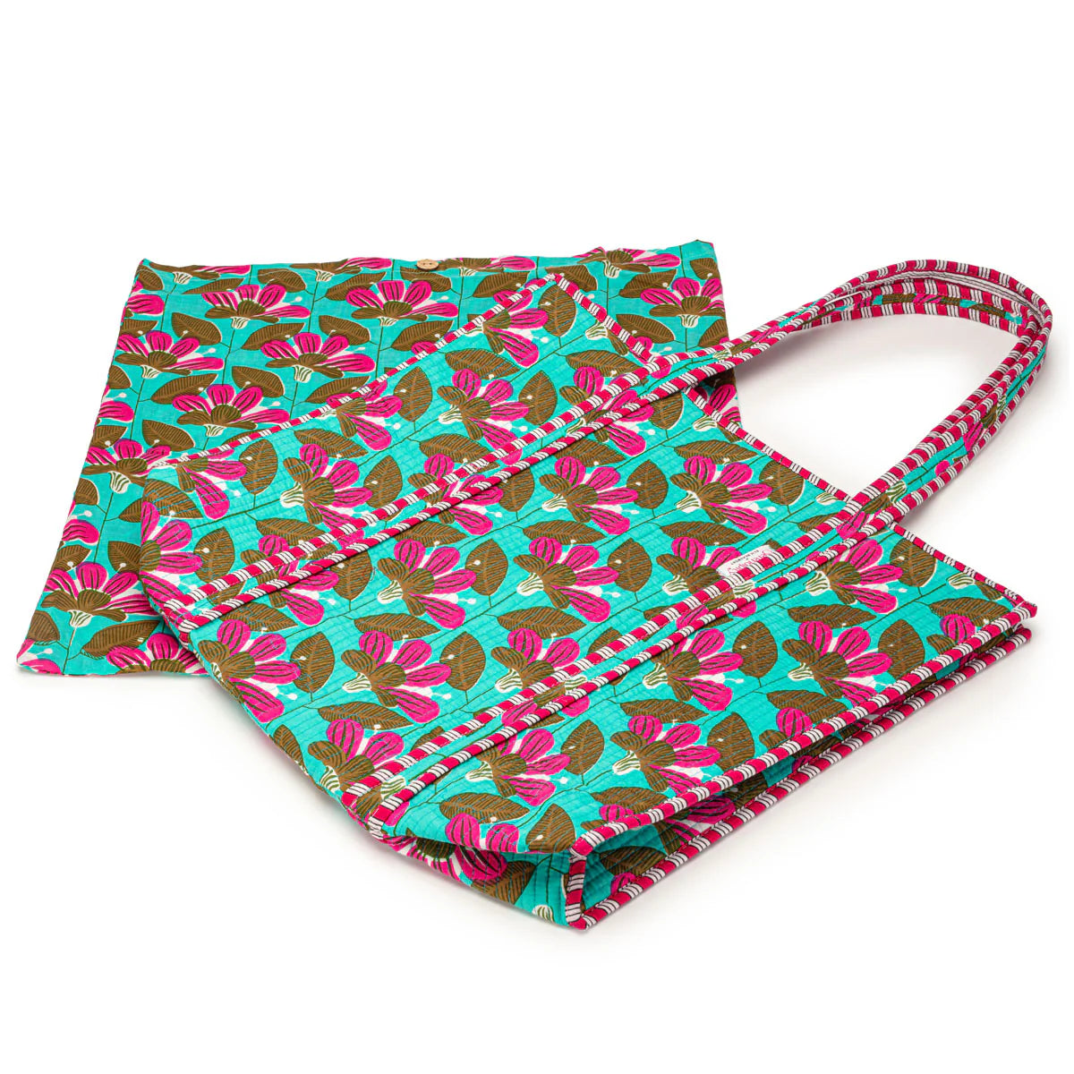 Elie Beaumont Serendipity Cotton Quilted Tote - Turquoise Blossom