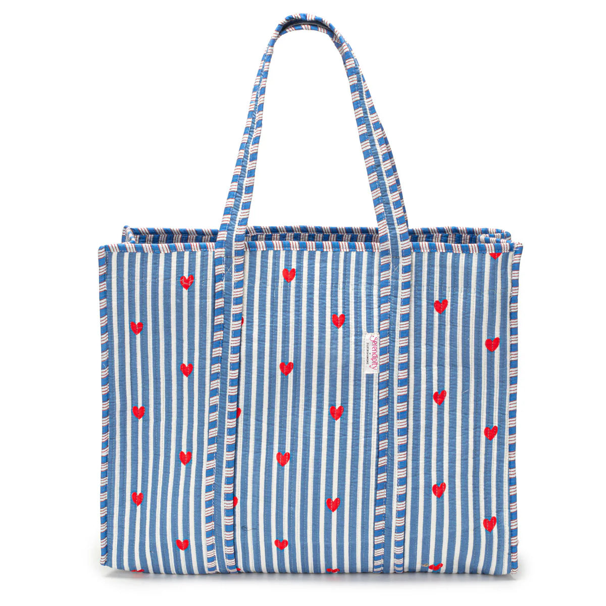 Elie Beaumont Serendipity Cotton Quilted Tote - Blue Stripe Red Heart