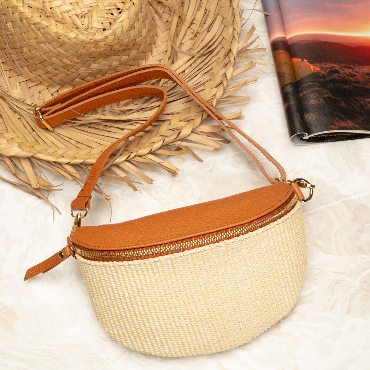 Elie Beaumont Raffia Sling Bag Tan