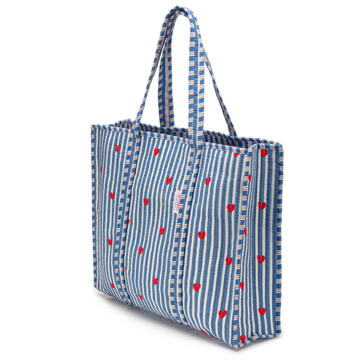 Elie Beaumont Serendipity Cotton Quilted Tote - Blue Stripe Red Heart