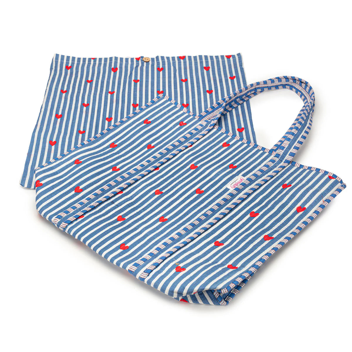 Elie Beaumont Serendipity Cotton Quilted Tote - Blue Stripe Red Heart