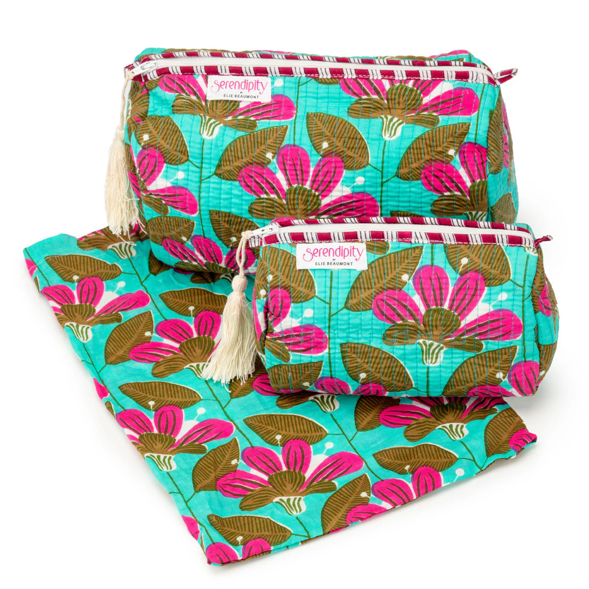 Elie Beaumont Serendipity Cotton Tote & Cosmetic Bag Set - Turquoise Blossoms