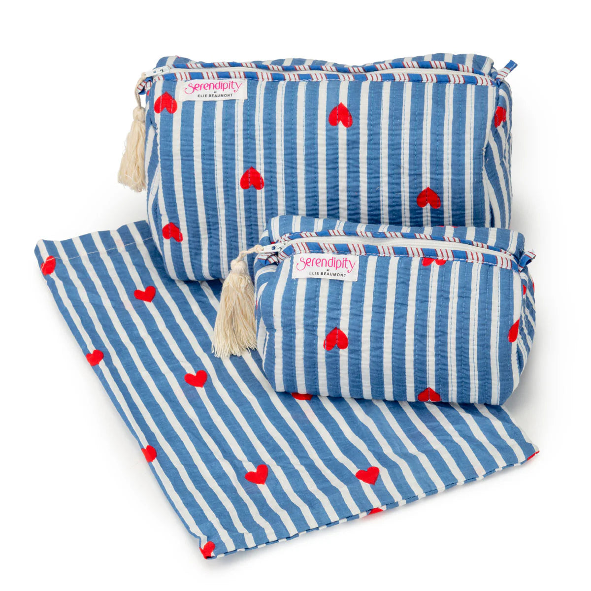 Elie Beaumont Serendipity Cotton Tote & Cosmetic Bag Set - Blue Stripe Red Heart