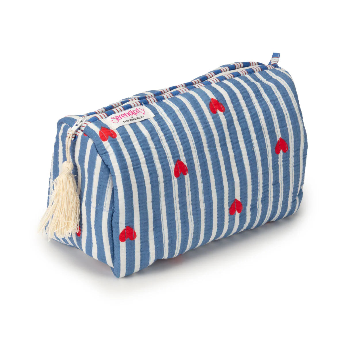 Elie Beaumont Serendipity Cotton Tote & Cosmetic Bag Set - Blue Stripe Red Heart