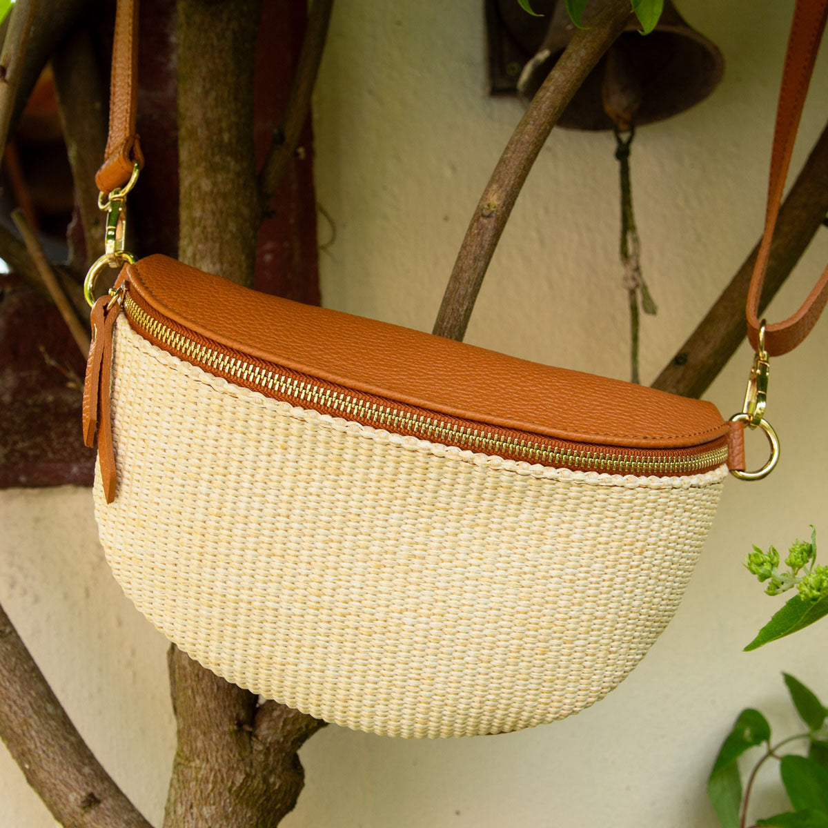 Elie Beaumont Raffia Sling Bag Tan