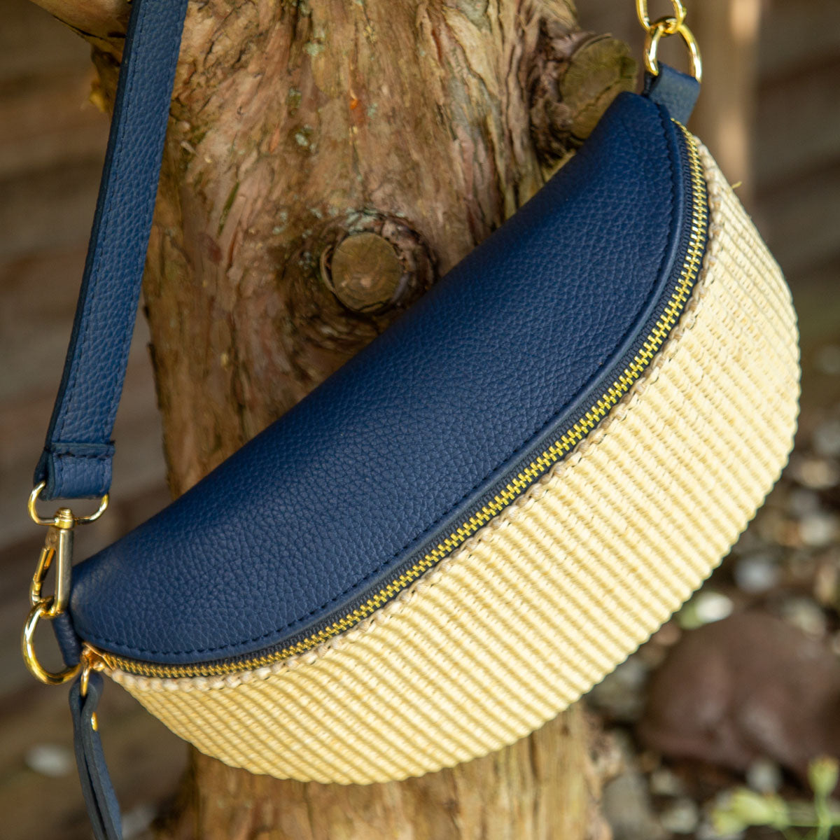 Elie Beaumont Raffia Sling Bag Navy