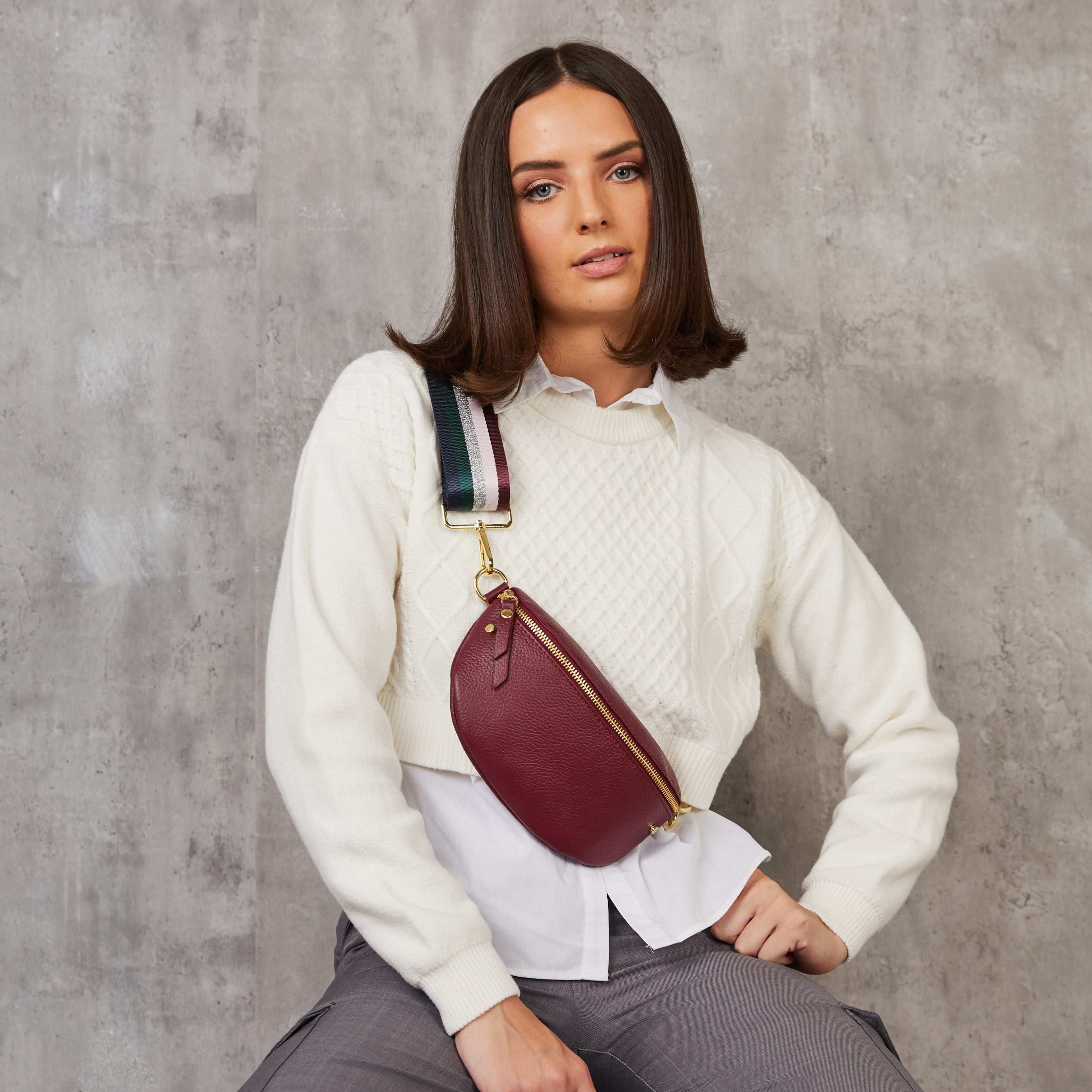 Elie Beaumont Sling Bag - Wine with Colour Stripe Strap