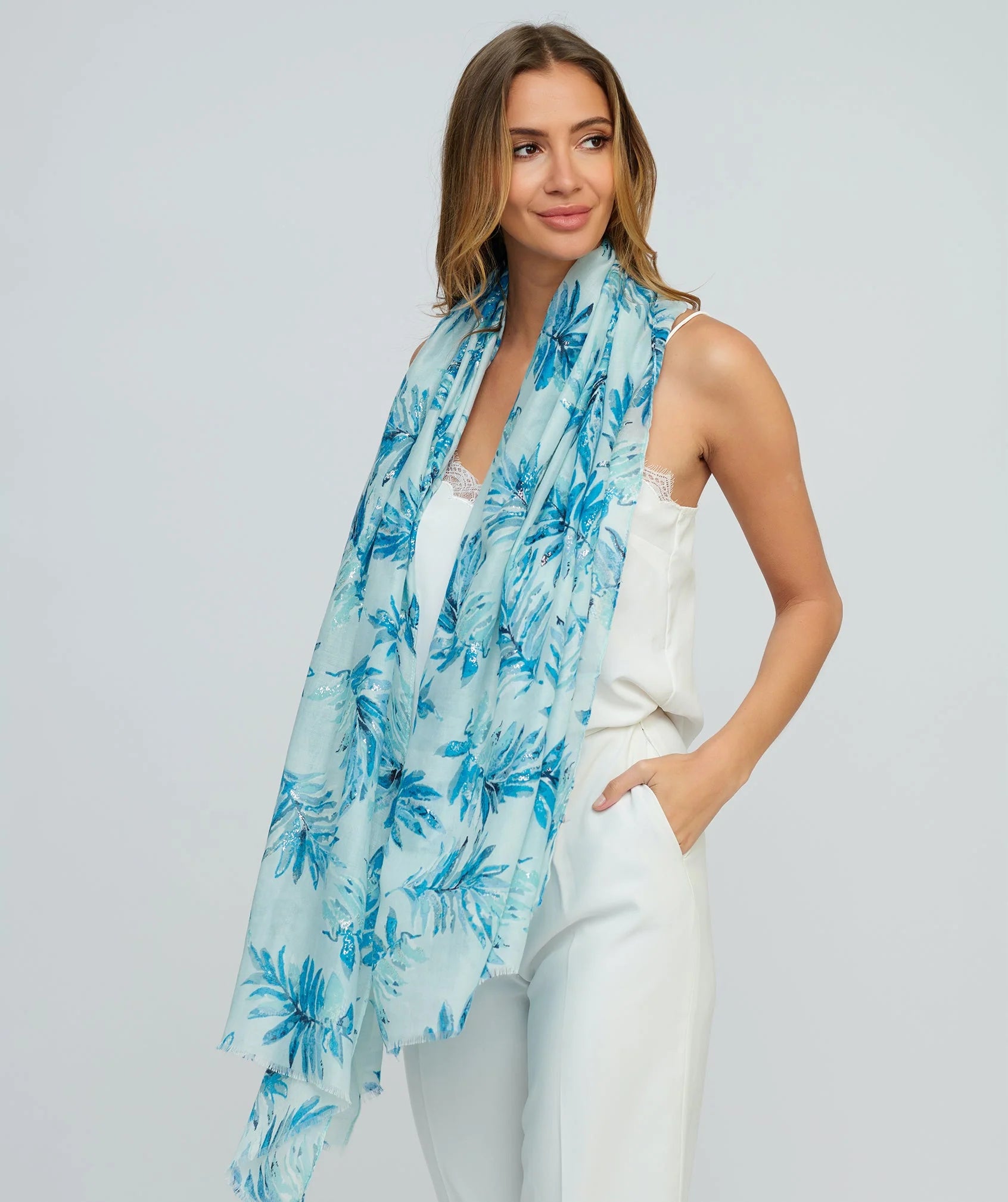 Fern Print Spring Scarf - Blue - Accessories