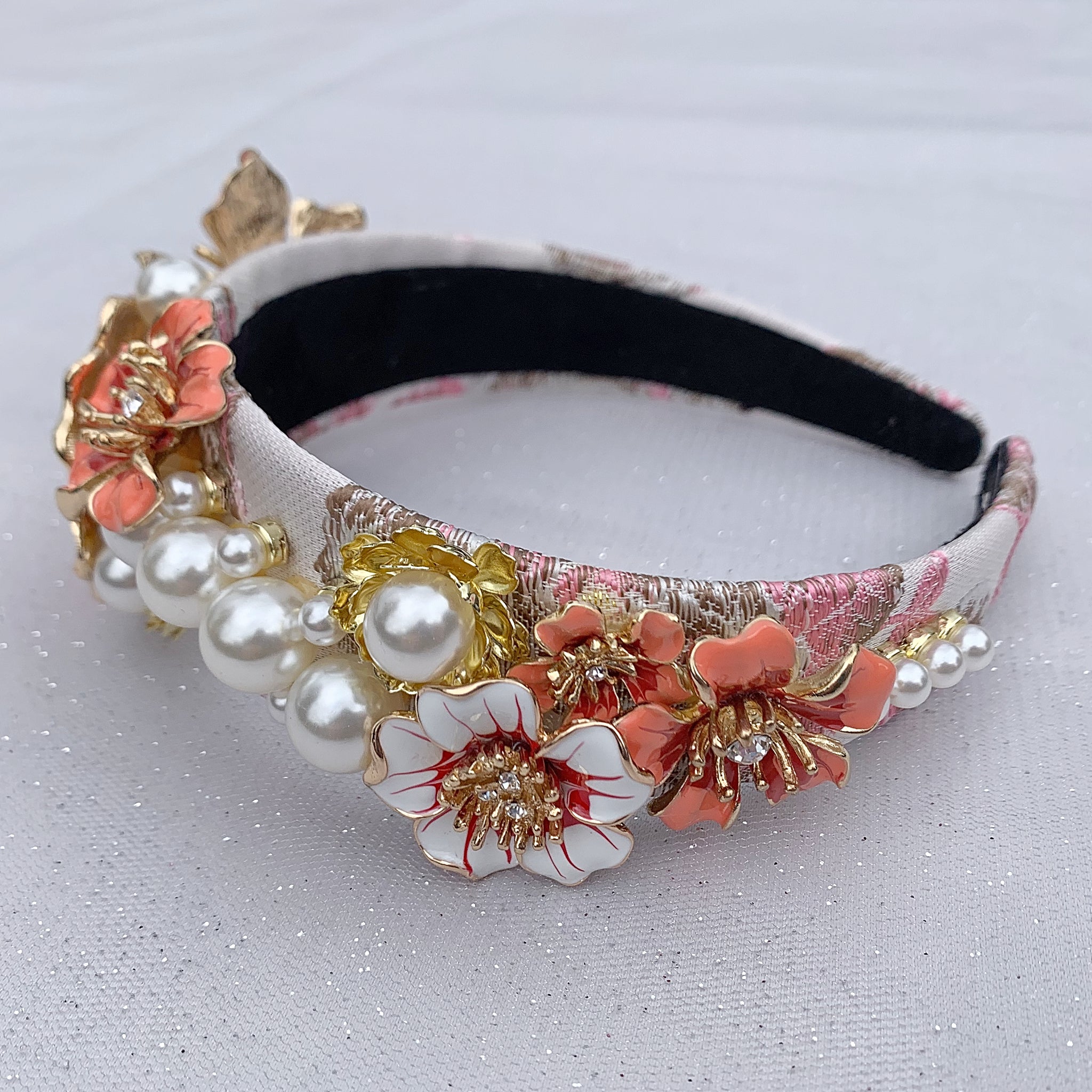 QueenMee Flower Headband Coral with Pearls Floral Headpiece Hair Band